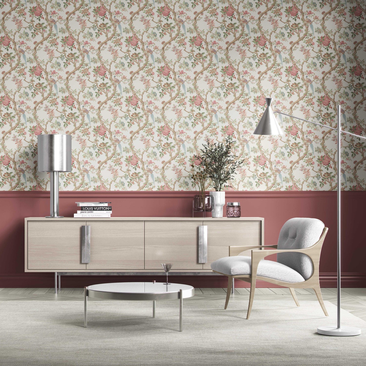 Floral/ Bird Print Chinoiserie Kitchen Wallpaper (Pink/ Green/ Duck Egg Blue)