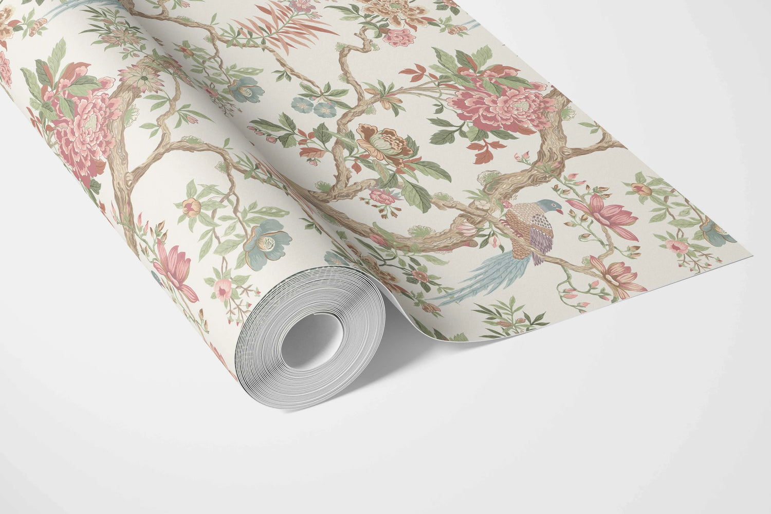 Floral/ Bird Print Chinoiserie Bathroom Wallpaper (Pink/ Green/ Duck Egg Blue)