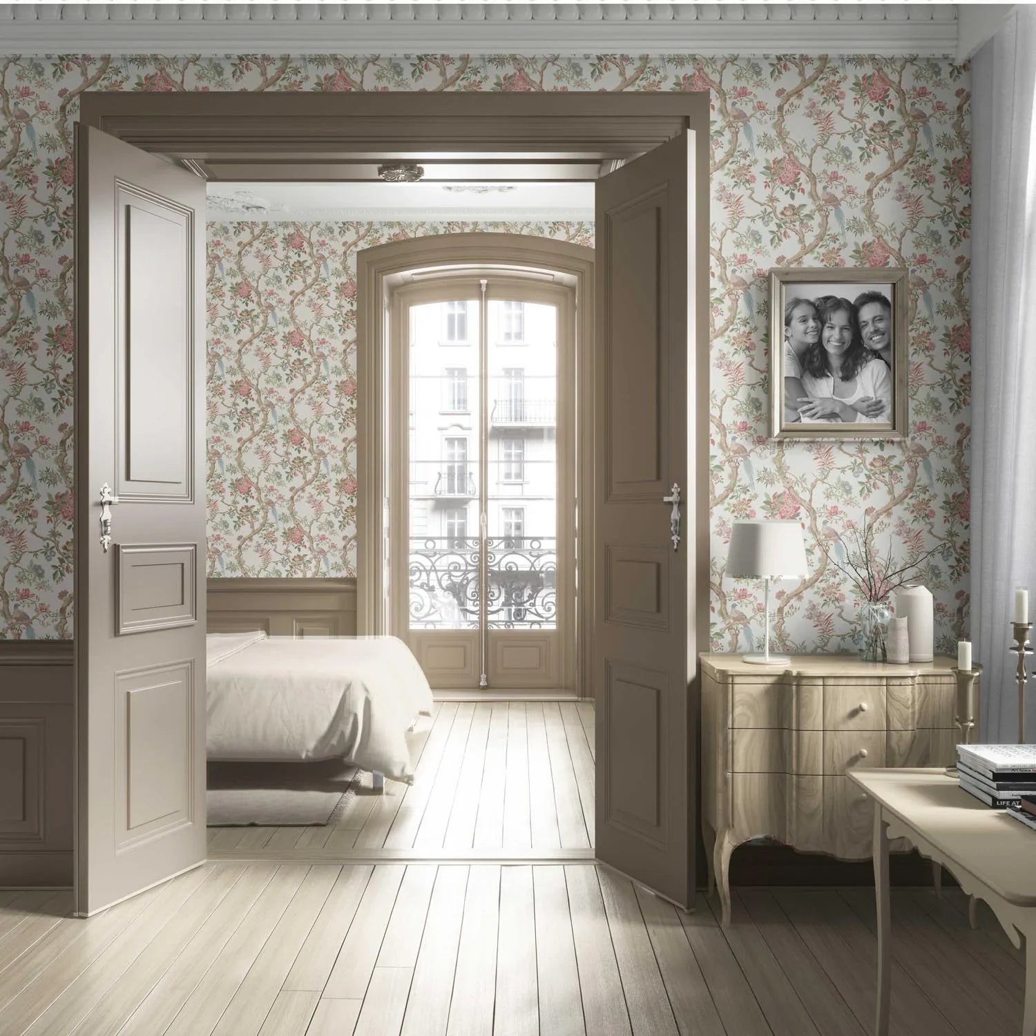 Floral/ Bird Print Chinoiserie Living Room Wallpaper (Pink/ Green/ Duck Egg Blue)