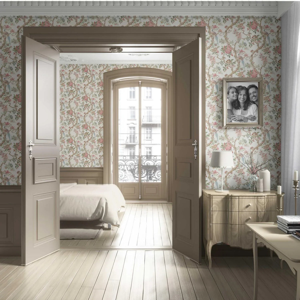 Floral/ Bird Print Chinoiserie Living Room Wallpaper (Pink/ Green/ Duck Egg Blue)
