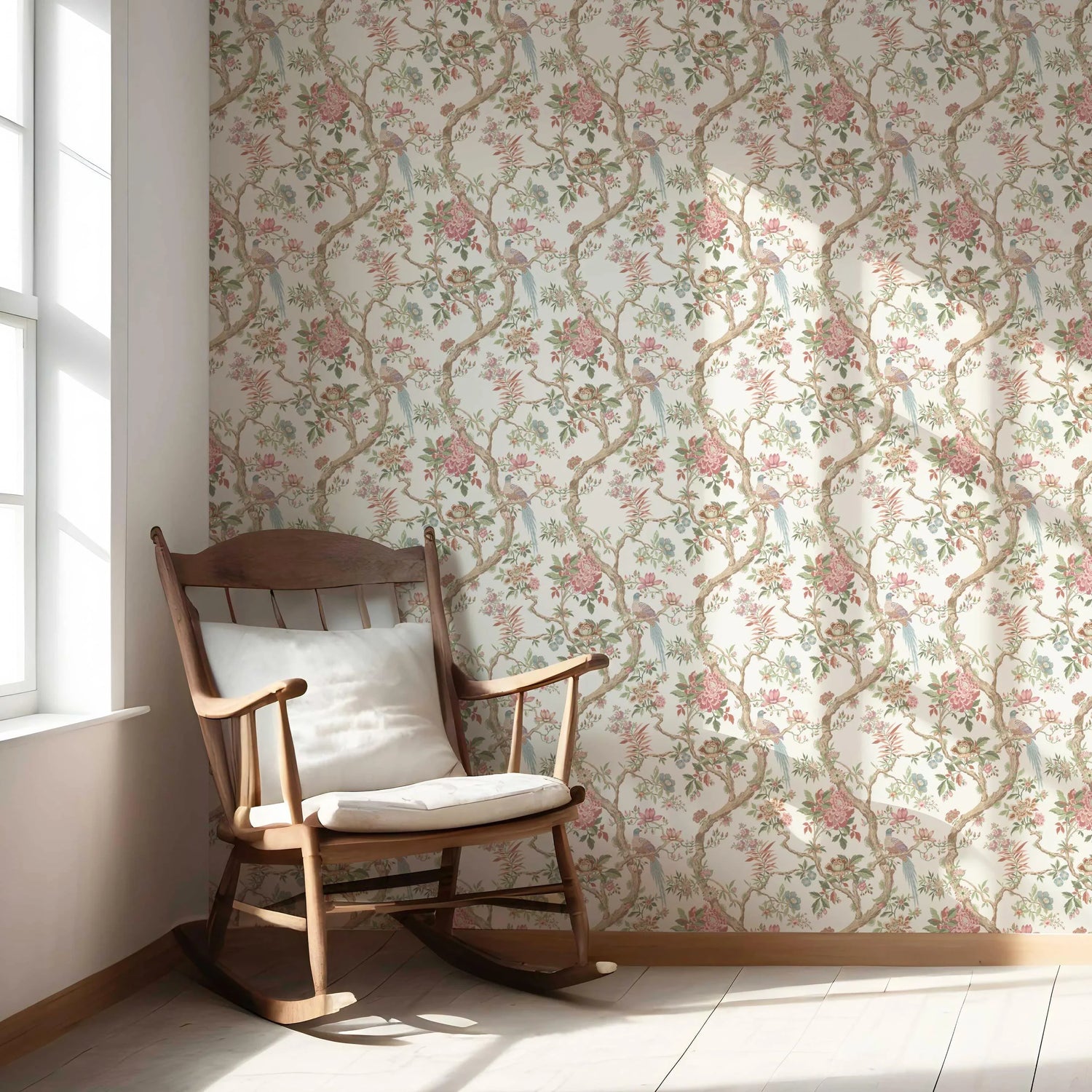 Floral/ Bird Print Chinoiserie Nursery Wallpaper (Pink/ Green/ Duck Egg Blue)