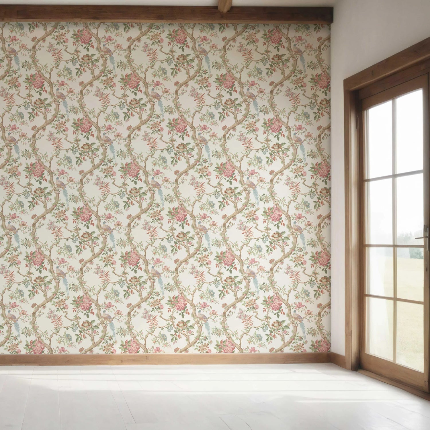 Floral/ Bird Print Chinoiserie Bedroom Wallpaper (Pink/ Green/ Duck Egg Blue)