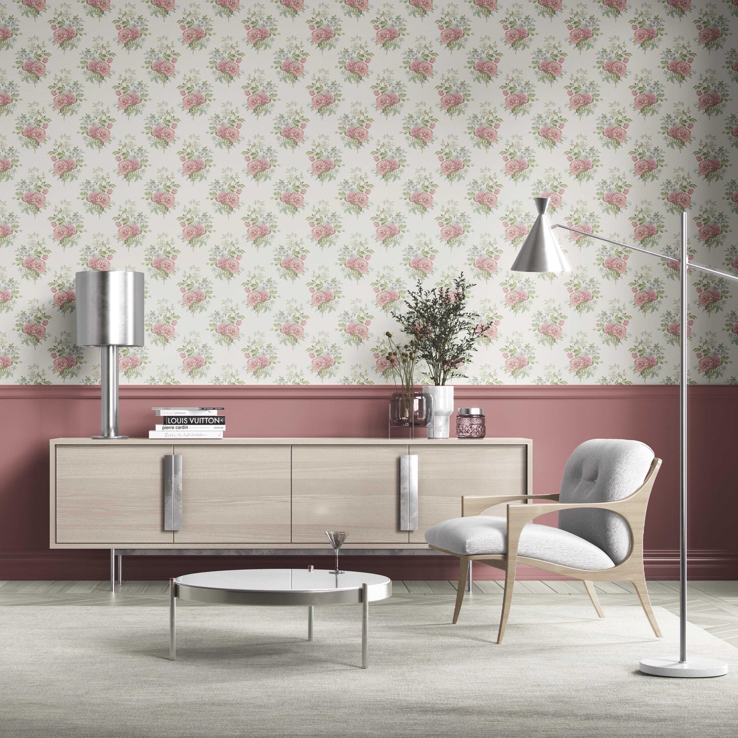 Floral Block Print Kitchen Wallpaper (Cream/ Soft Pink/ Green/ Duck Egg Blue)