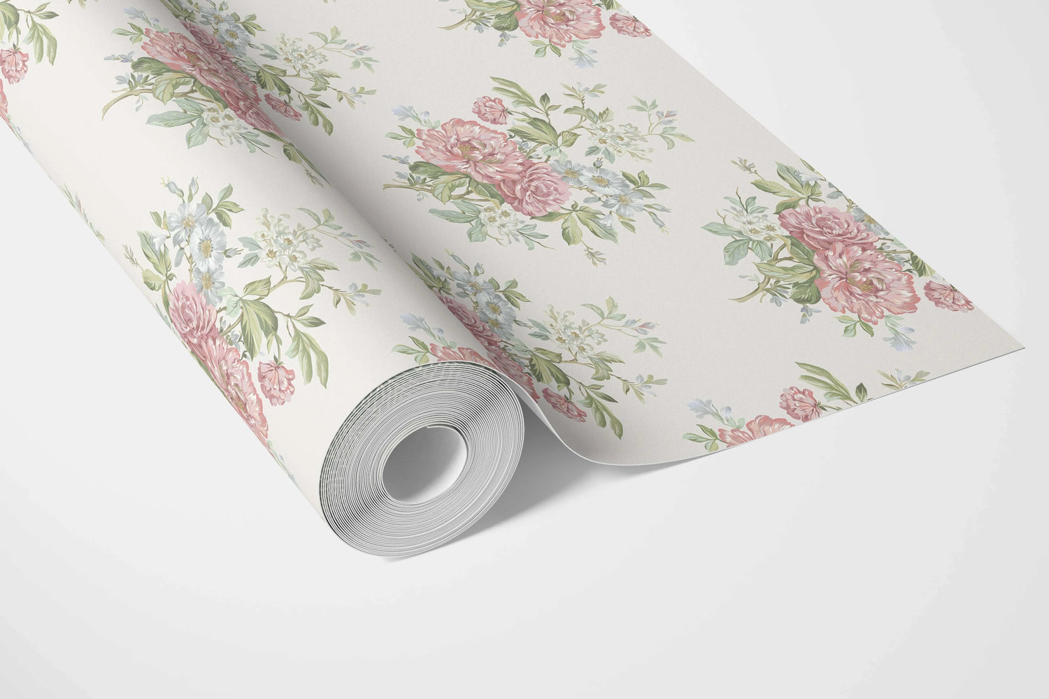 Floral Block Print Bathroom Wallpaper (Cream/ Soft Pink/ Green/ Duck Egg Blue)