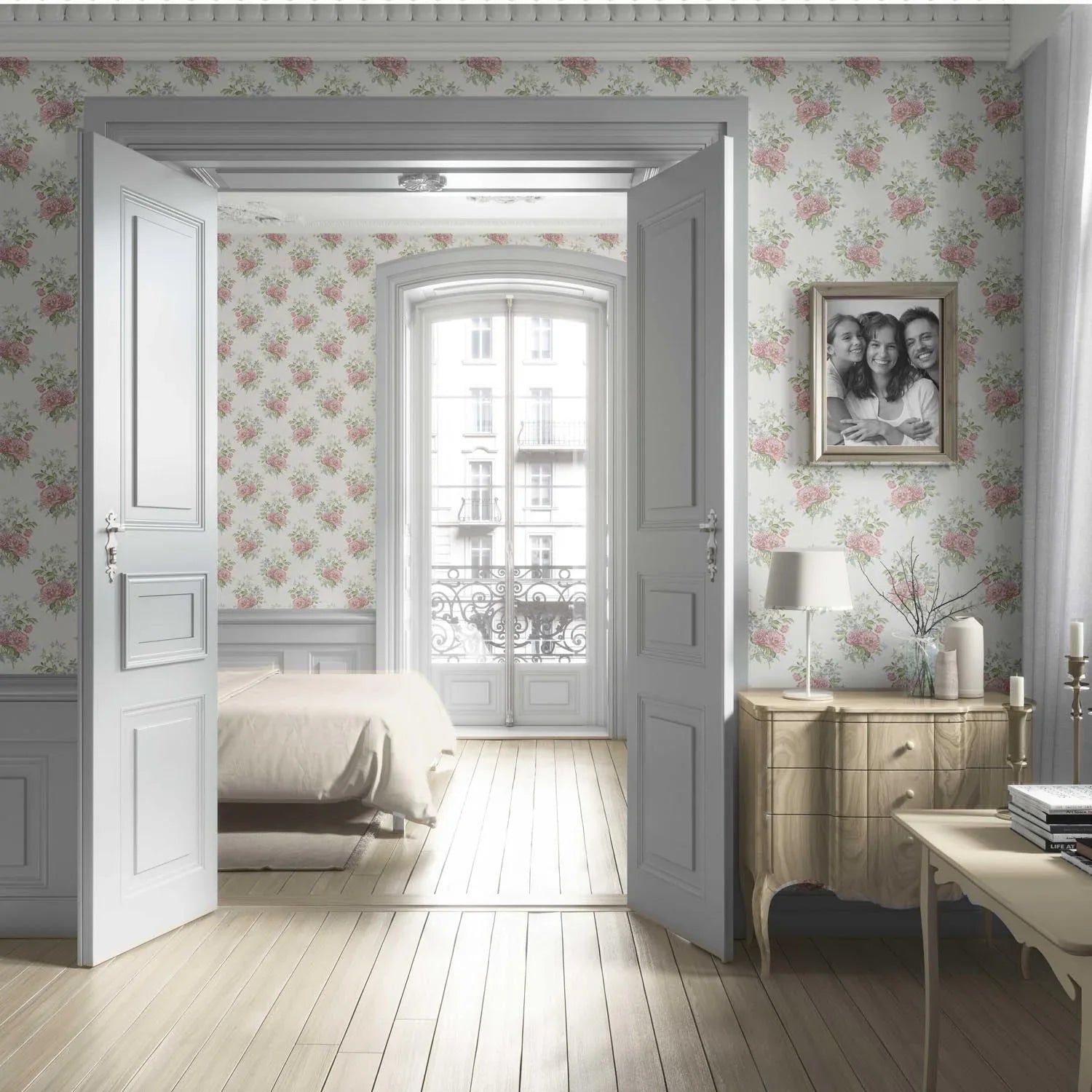 Floral Block Print Living Room Wallpaper (Cream/ Soft Pink/ Green/ Duck Egg Blue)