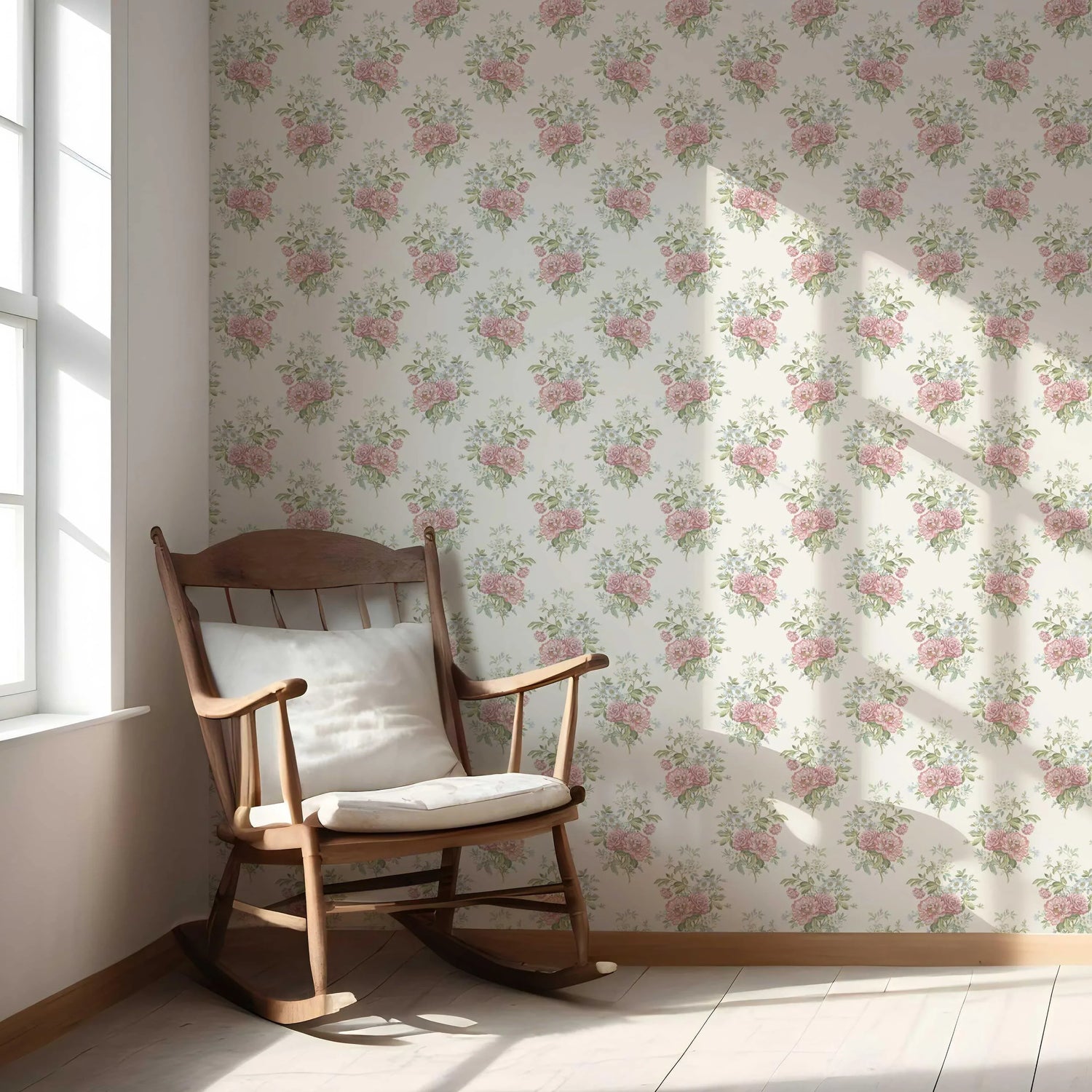 Floral Block Print Nursery Wallpaper (Cream/ Soft Pink/ Green/ Duck Egg Blue)