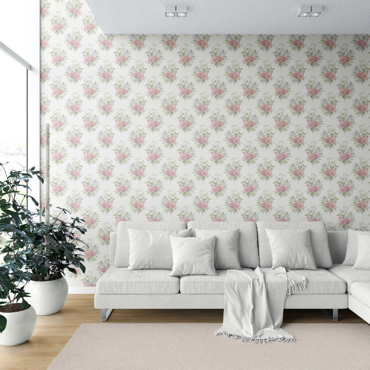 Floral Block Print Shower Toilet Wallpaper (Cream/ Soft Pink/ Green/ Duck Egg Blue)