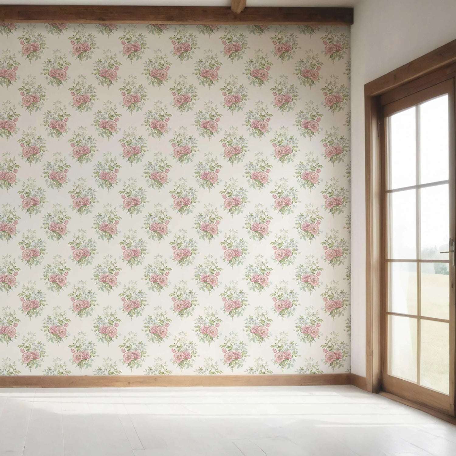 Floral Block Print Bedroom Wallpaper (Cream/ Soft Pink/ Green/ Duck Egg Blue)