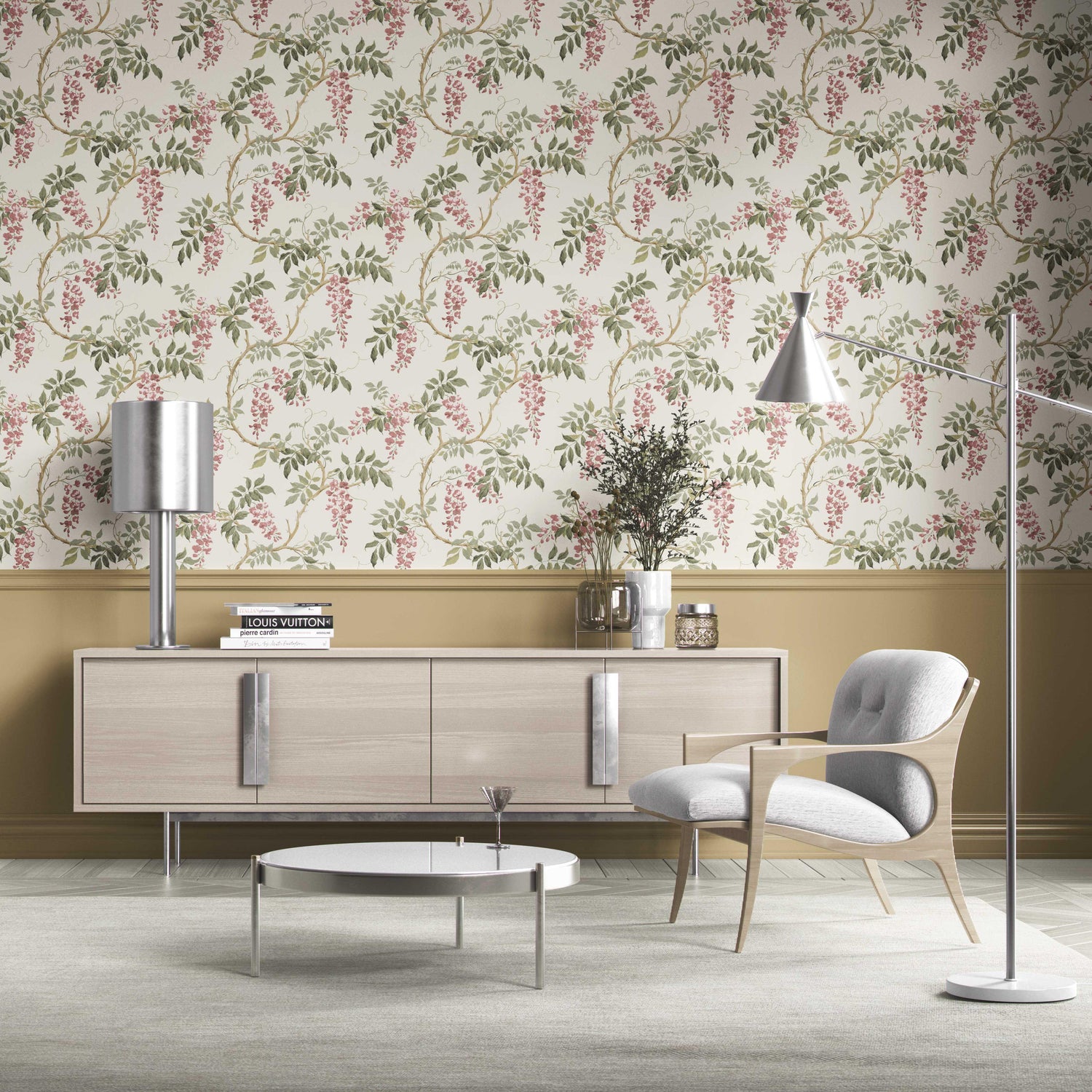 Floral Vine/ Botanical Patterned Kitchen Wallpaper (Cream/ Pink/ Green)