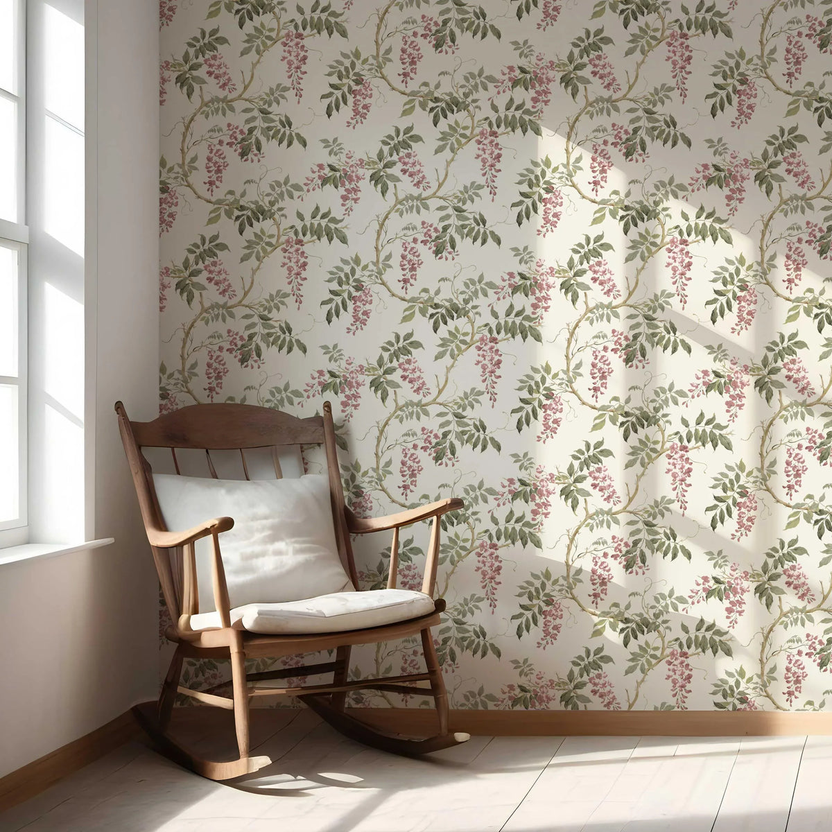 Floral Vine/ Botanical Patterned Nursery Wallpaper (Cream/ Pink/ Green)