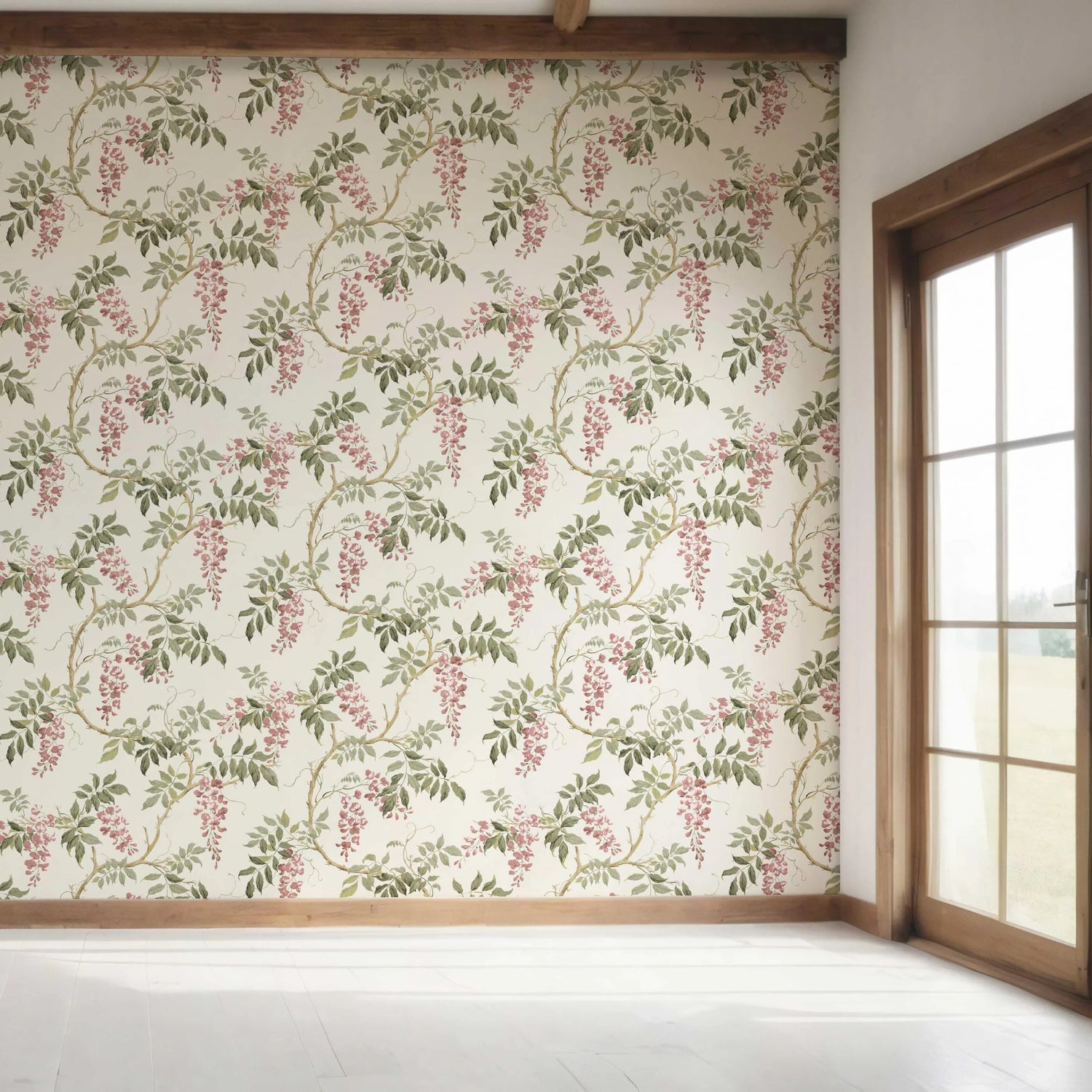 Floral Vine/ Botanical Patterned Bedroom Wallpaper (Cream/ Pink/ Green)