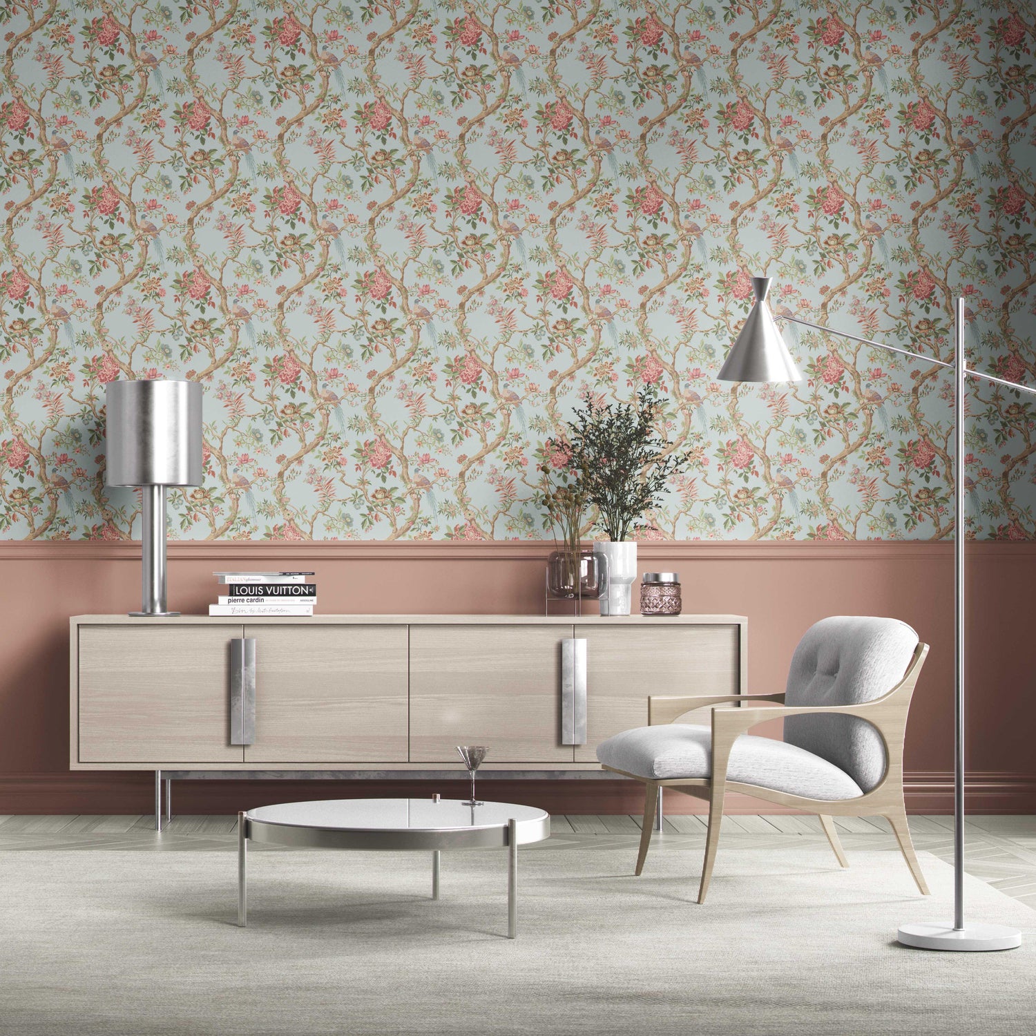 Floral/ Bird Print Chinoiserie Kitchen Wallpaper (Blue/ Coral Pink/ Green)