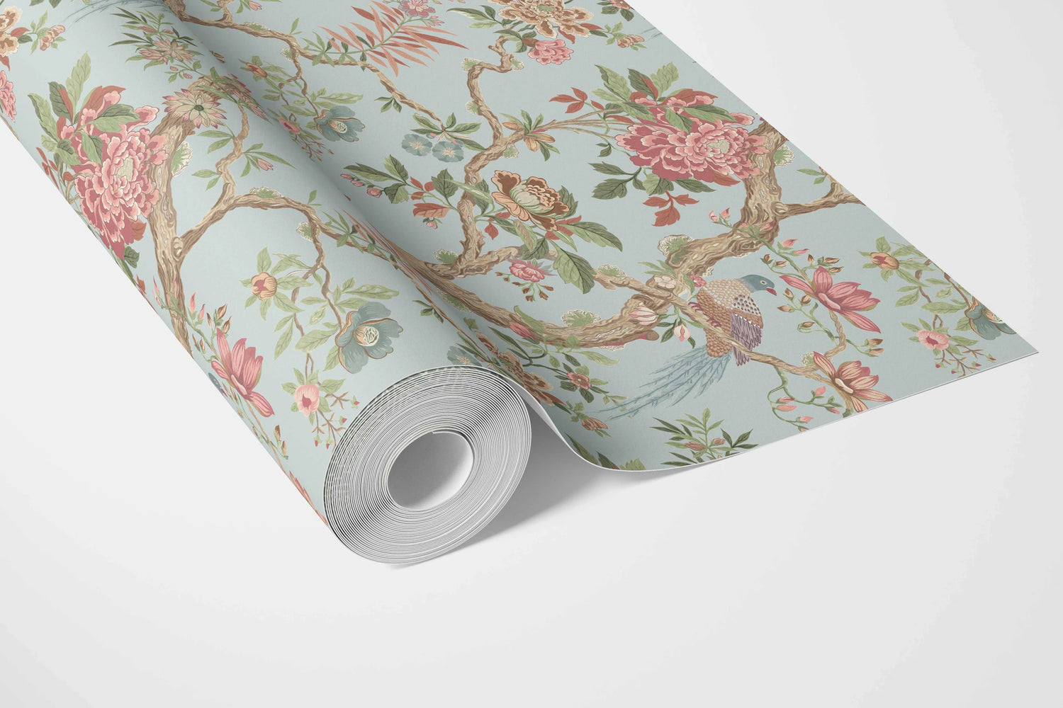 Floral/ Bird Print Chinoiserie Bathroom Wallpaper (Blue/ Coral Pink/ Green)