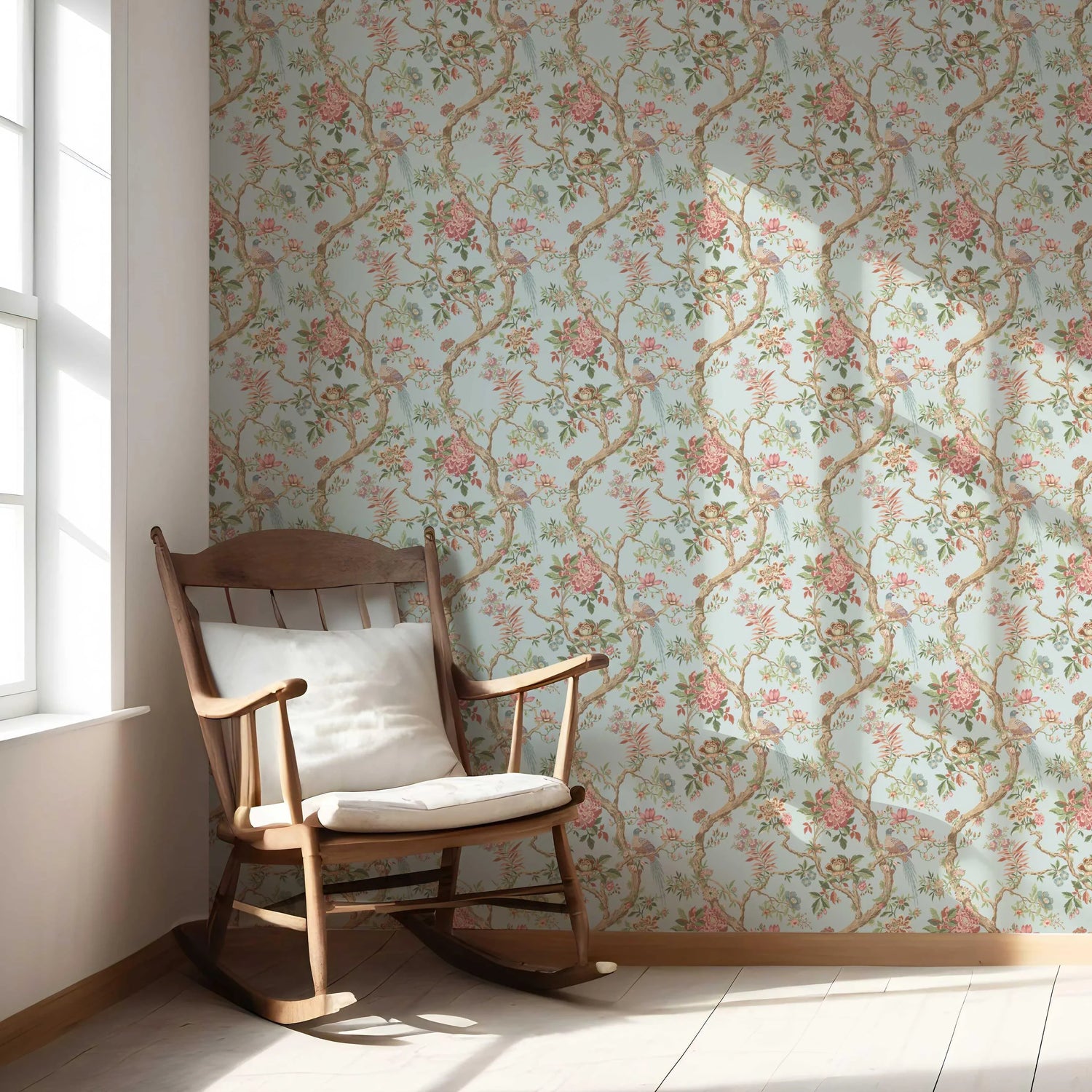 Floral/ Bird Print Chinoiserie Nursery Wallpaper (Blue/ Coral Pink/ Green)