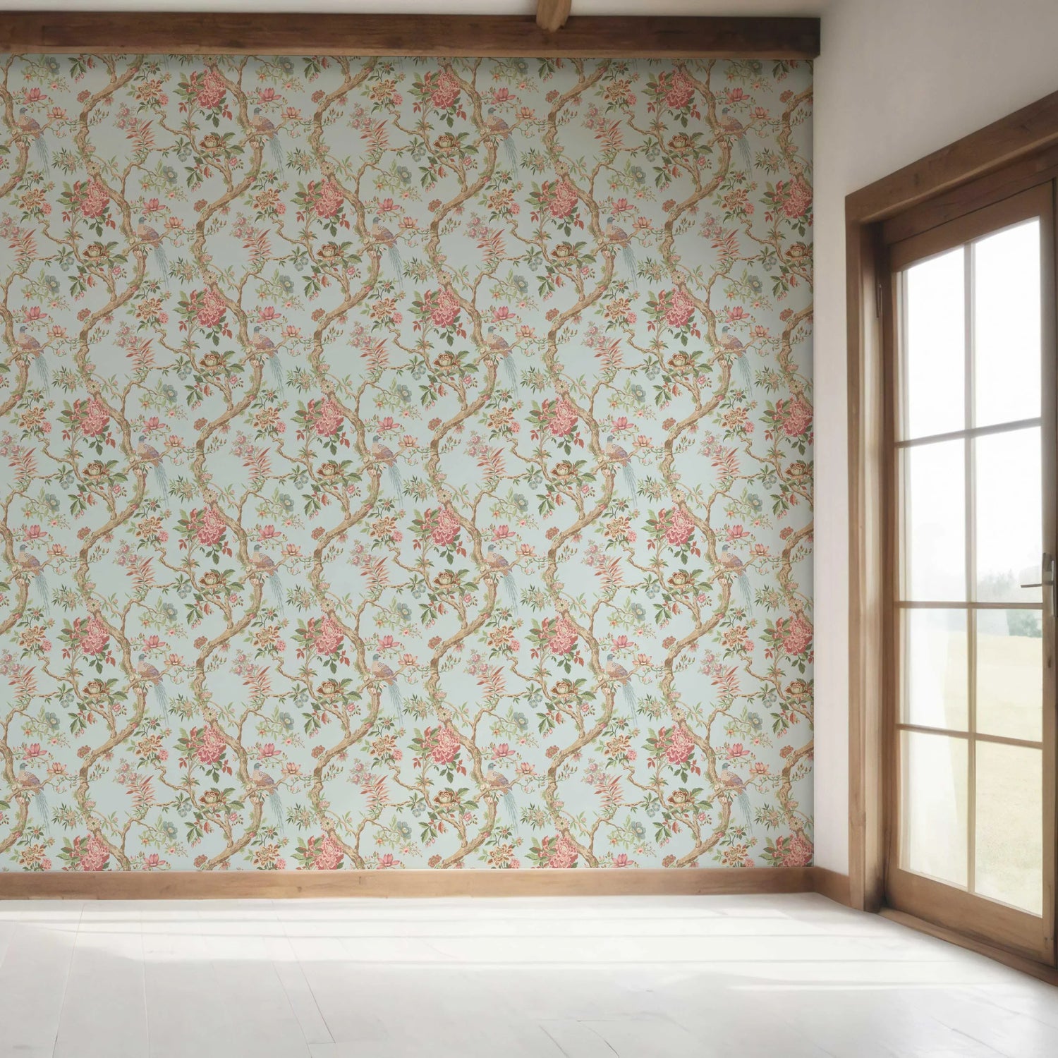 Floral/ Bird Print Chinoiserie Bedroom Wallpaper (Blue/ Coral Pink/ Green)