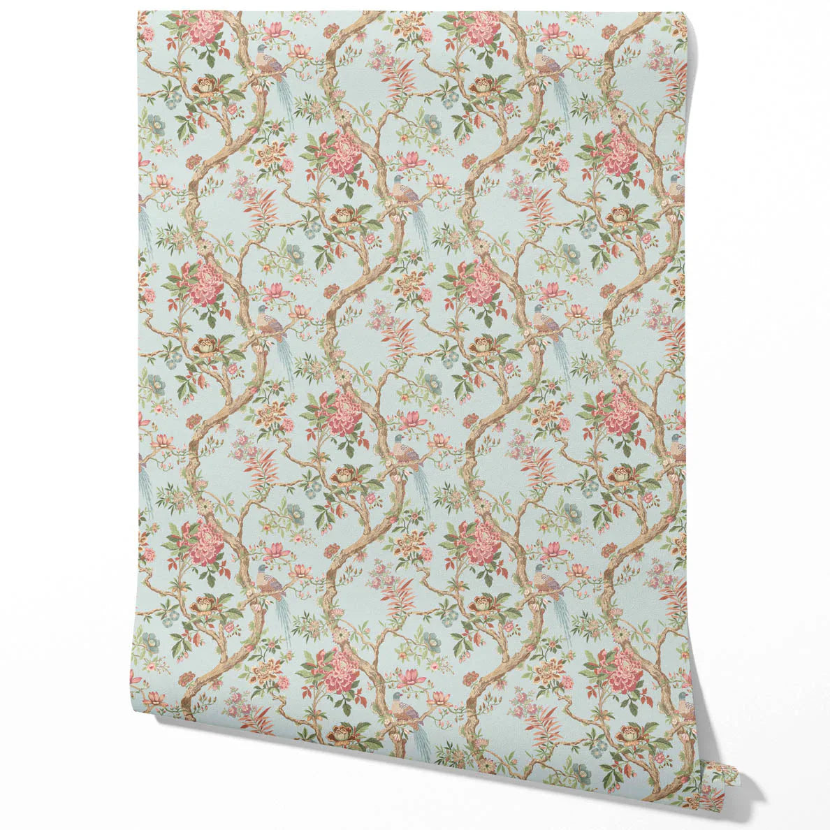 Floral/ Bird Print Chinoiserie Kids Room Wallpaper (Blue/ Coral Pink/ Green)