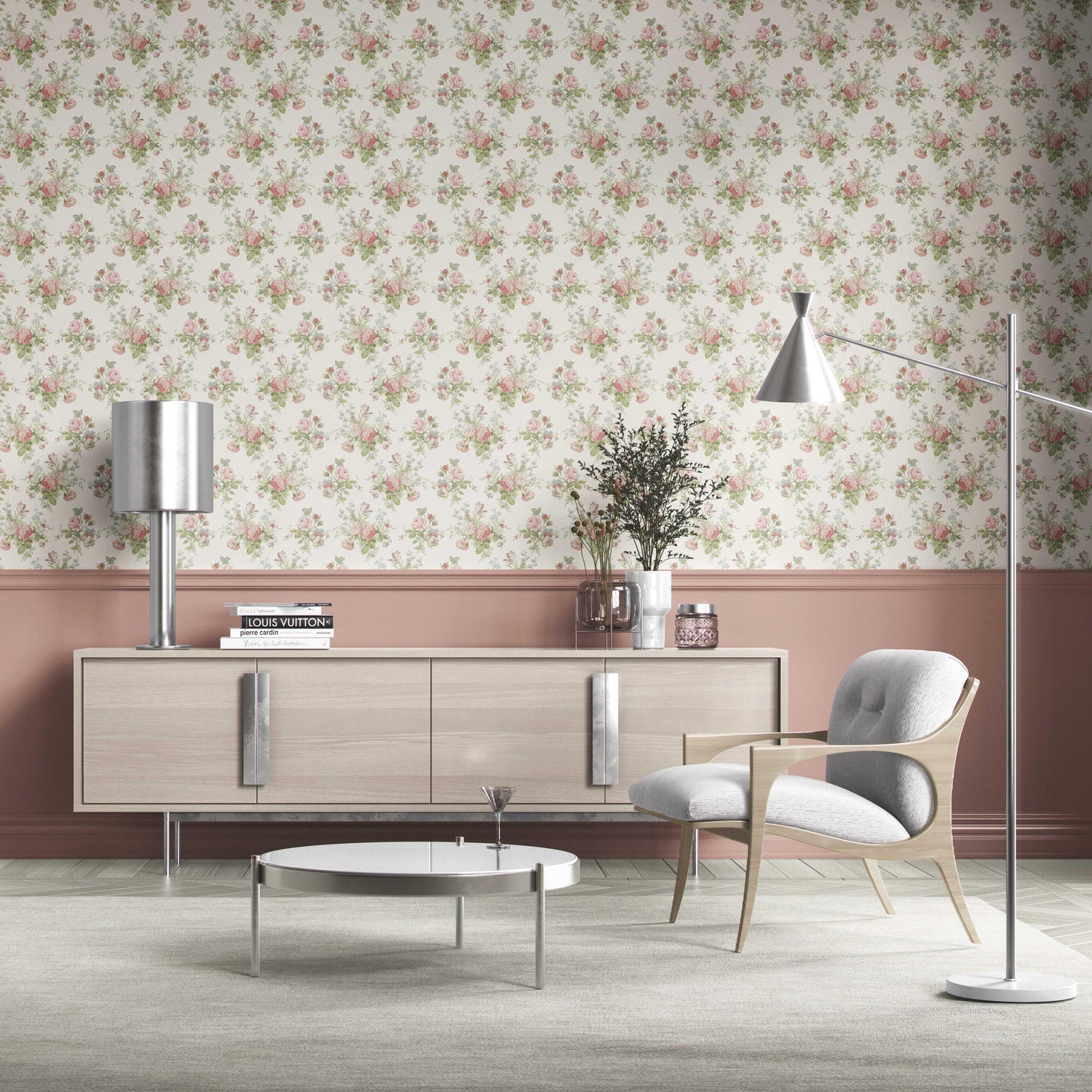 Patterned Floral Block Print Kitchen Wallpaper (Cream/ Soft Pink/ Green/ Blue)