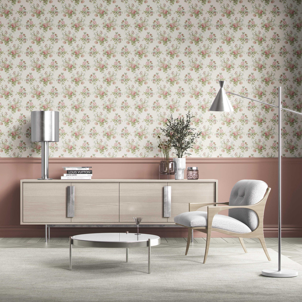 Patterned Floral Block Print Kitchen Wallpaper (Cream/ Soft Pink/ Green/ Blue)