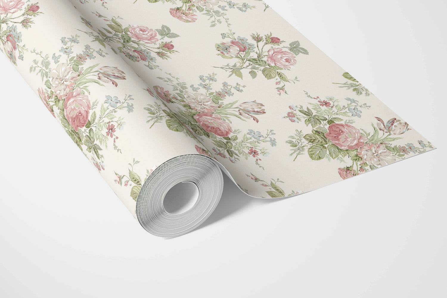 Patterned Floral Block Print Bathroom Wallpaper (Cream/ Soft Pink/ Green/ Blue)