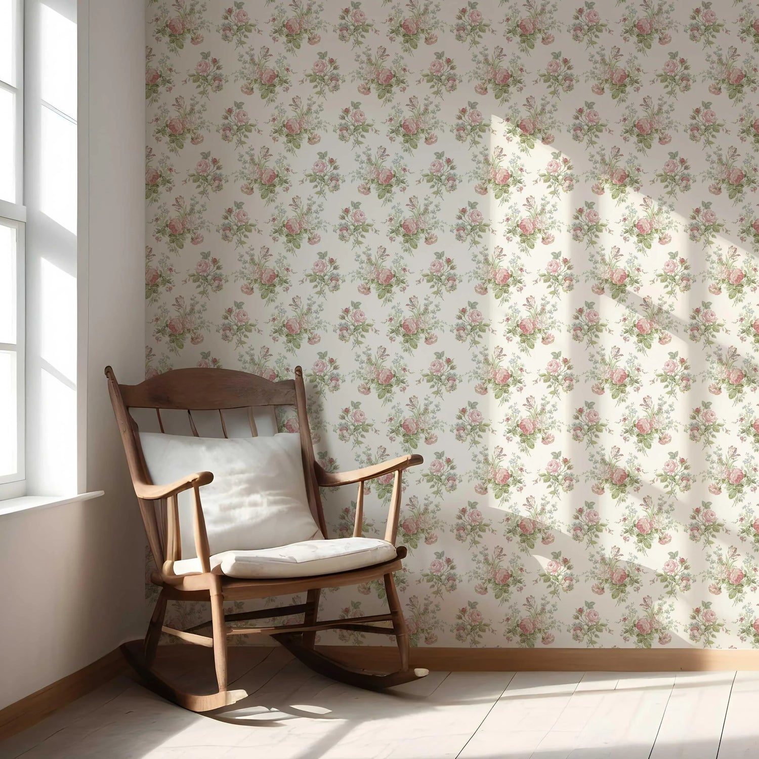 Patterned Floral Block Print Nursery Wallpaper (Cream/ Soft Pink/ Green/ Blue)