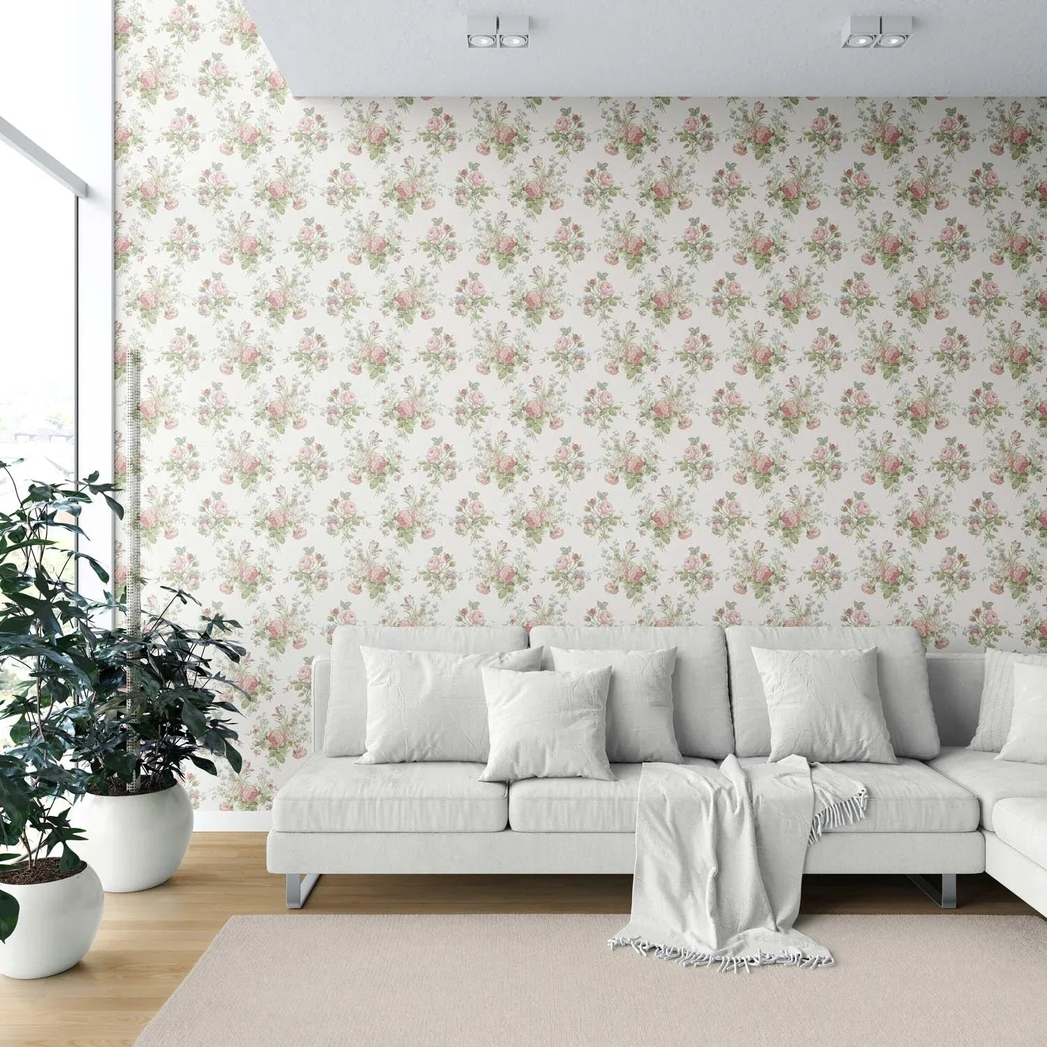 Patterned Floral Block Print Shower Toilet Wallpaper (Cream/ Soft Pink/ Green/ Blue)