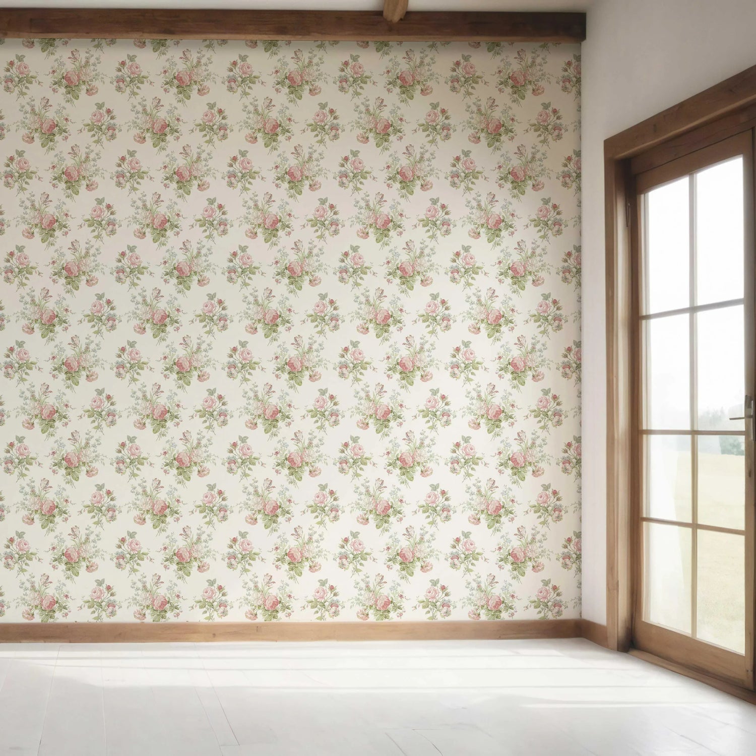Patterned Floral Block Print Bedroom Wallpaper (Cream/ Soft Pink/ Green/ Blue)