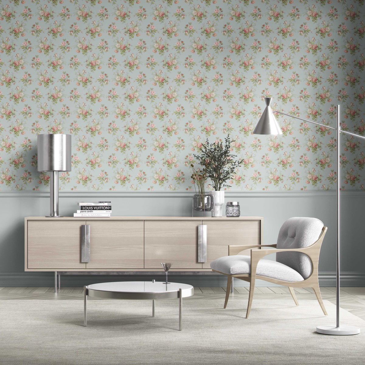 Patterned Floral Block Print Kitchen Wallpaper (Blue/ Pink/ Green)