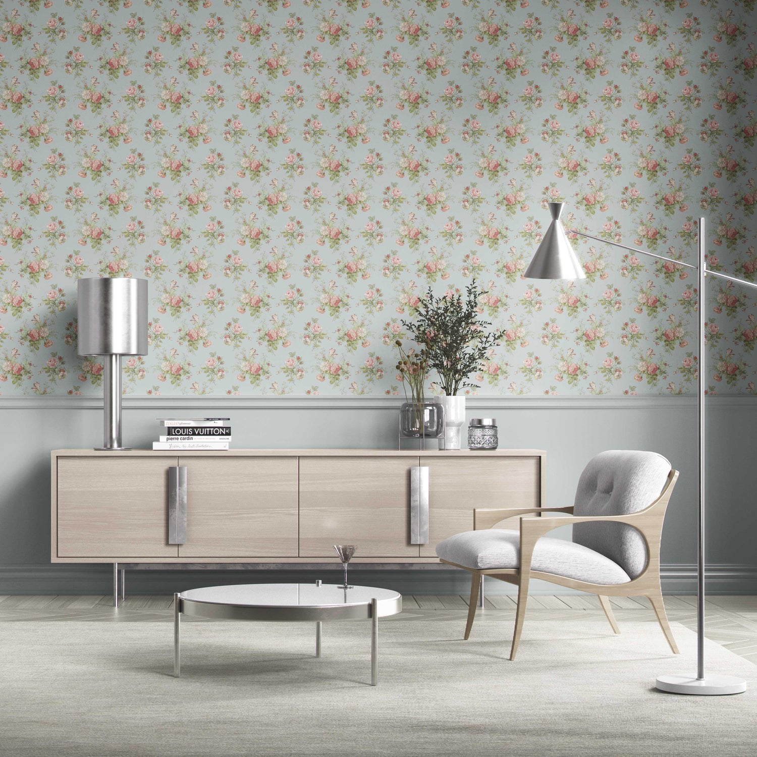 Patterned Floral Block Print Kitchen Wallpaper (Blue/ Pink/ Green)