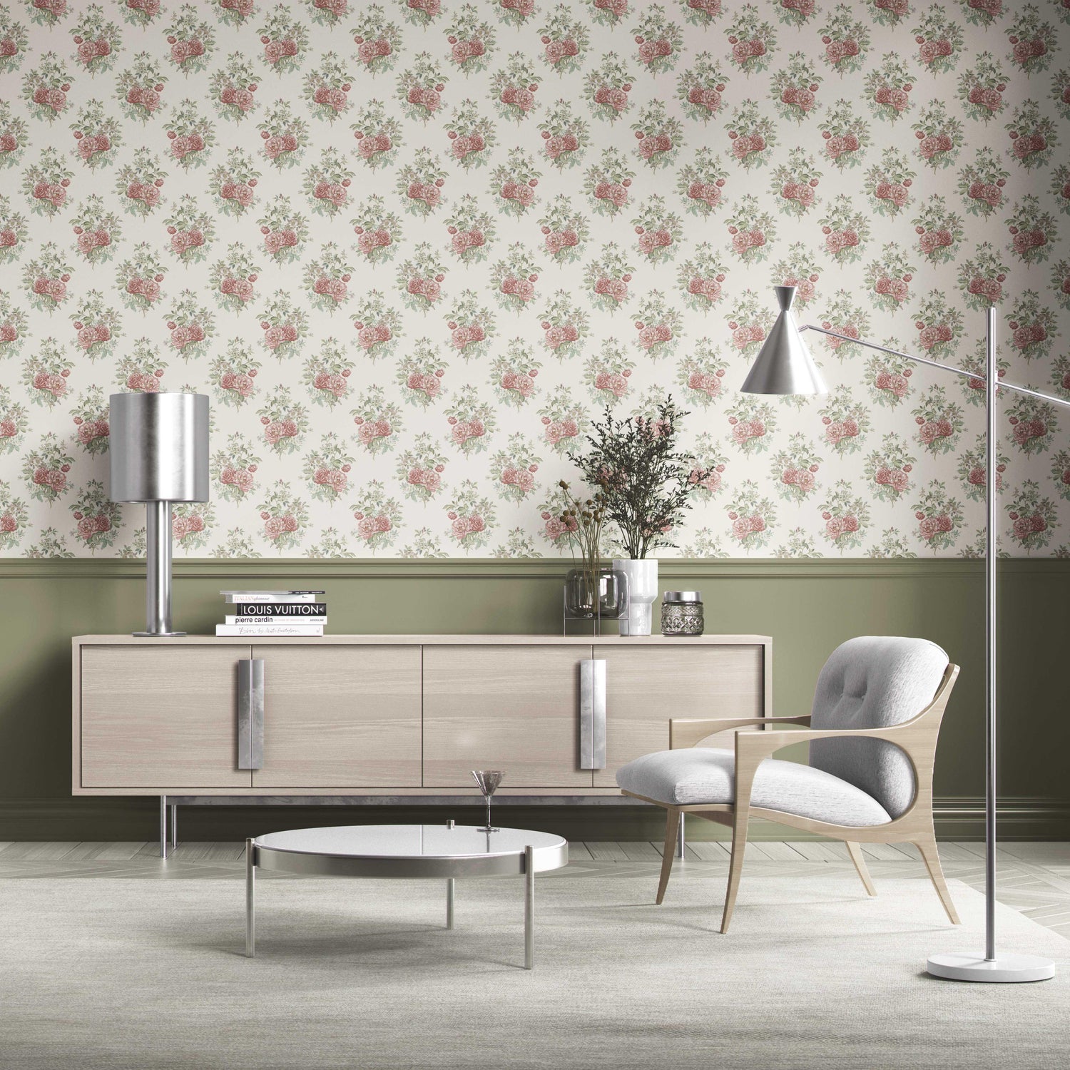 Floral Block Print Kitchen Wallpaper (Cream/ Red/ Leaf Green)