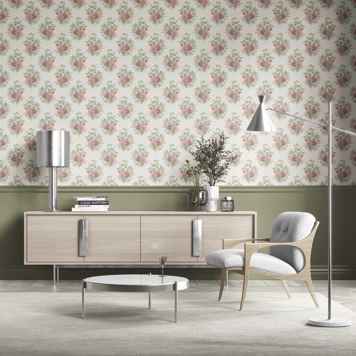 Floral Block Print Kitchen Wallpaper (Cream/ Red/ Leaf Green)
