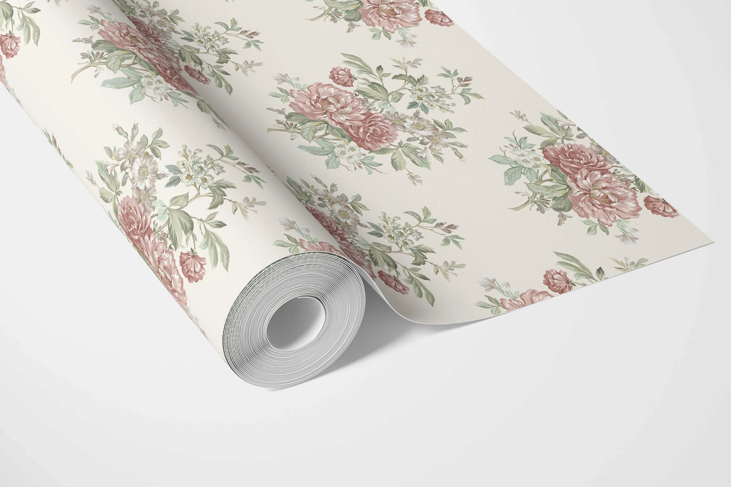 Floral Block Print Bathroom Wallpaper (Cream/ Red/ Leaf Green)