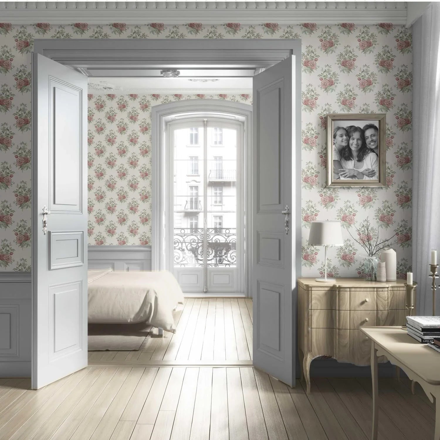 Floral Block Print Living Room Wallpaper (Cream/ Red/ Leaf Green)