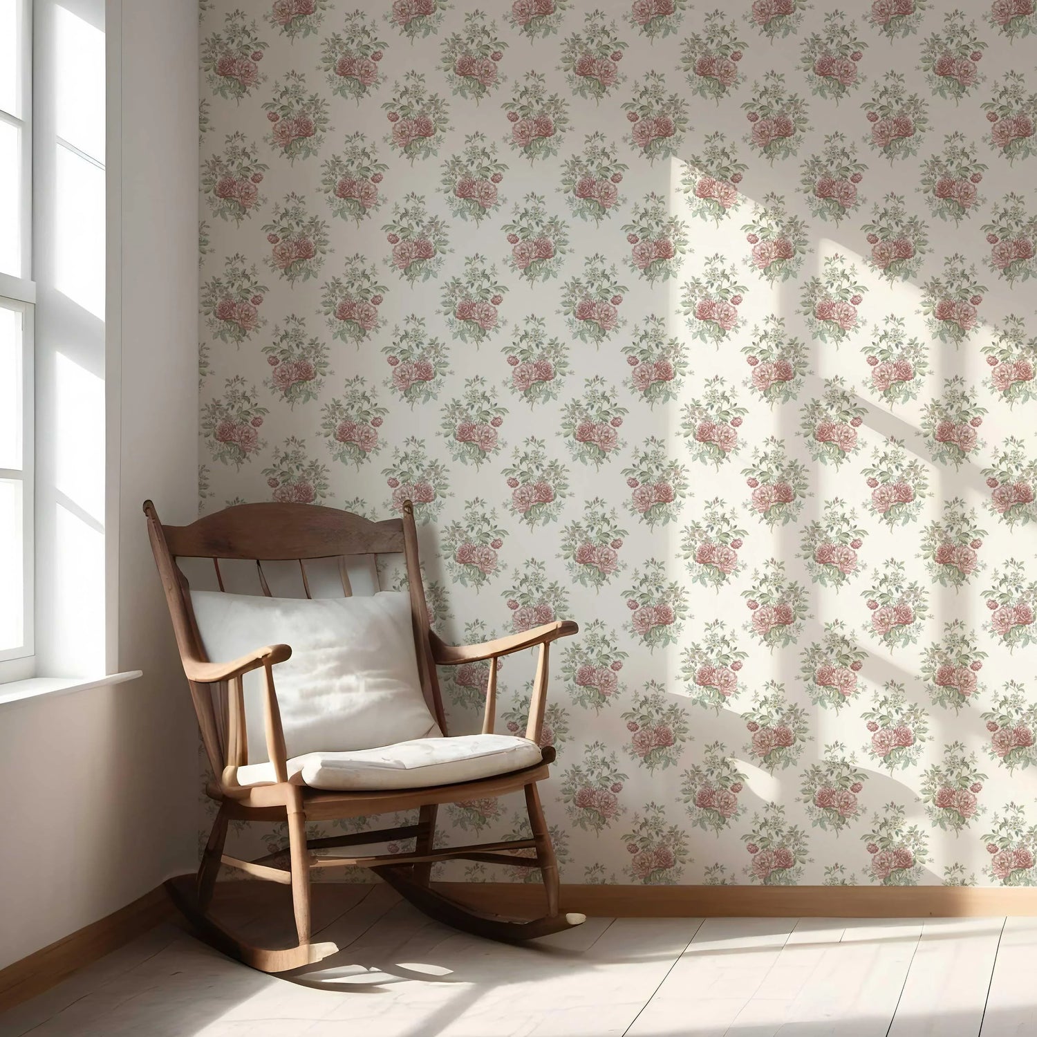 Floral Block Print Nursery Wallpaper (Cream/ Red/ Leaf Green)