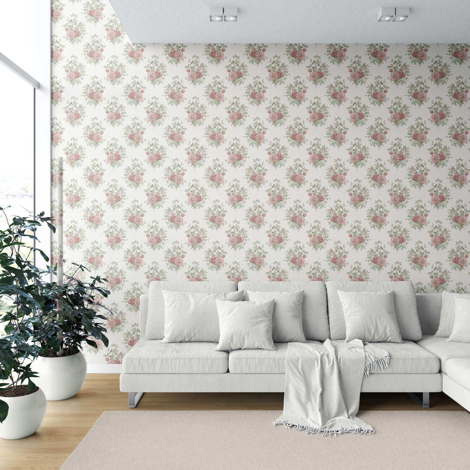 Floral Block Print Shower Toilet Wallpaper (Cream/ Red/ Leaf Green)