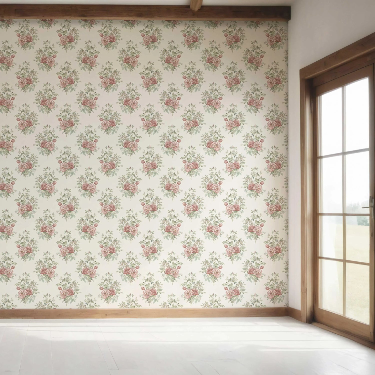 Floral Block Print Bedroom Wallpaper (Cream/ Red/ Leaf Green)