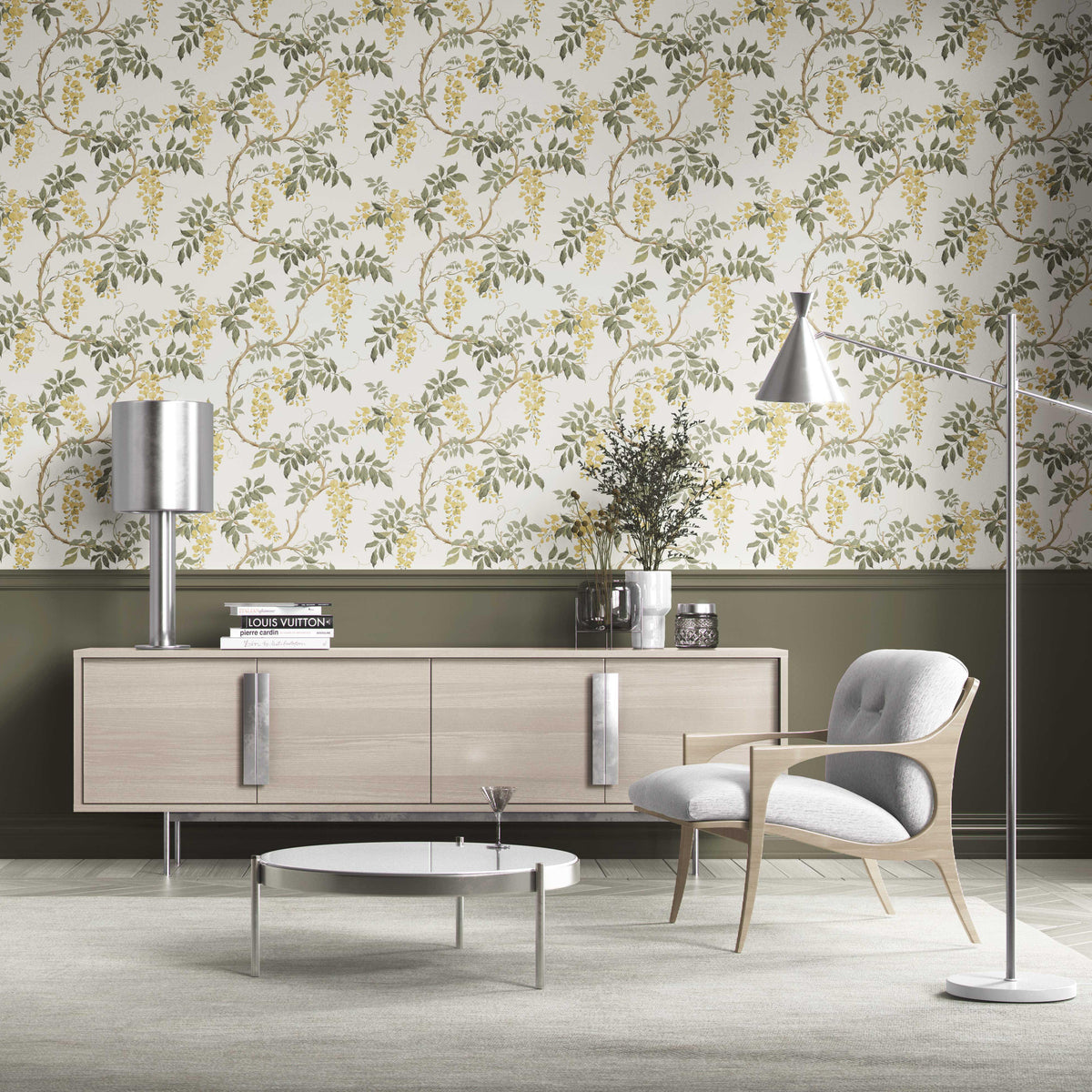 Floral Vine/ Botanical Patterned Kitchen Wallpaper (Cream/ Yellow/ Green)