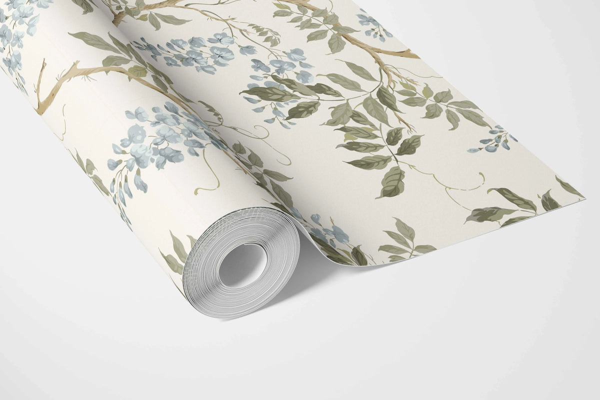 Floral Vine/ Botanical Patterned Bathroom Wallpaper (Cream/ Duck Egg Blue/ Green)