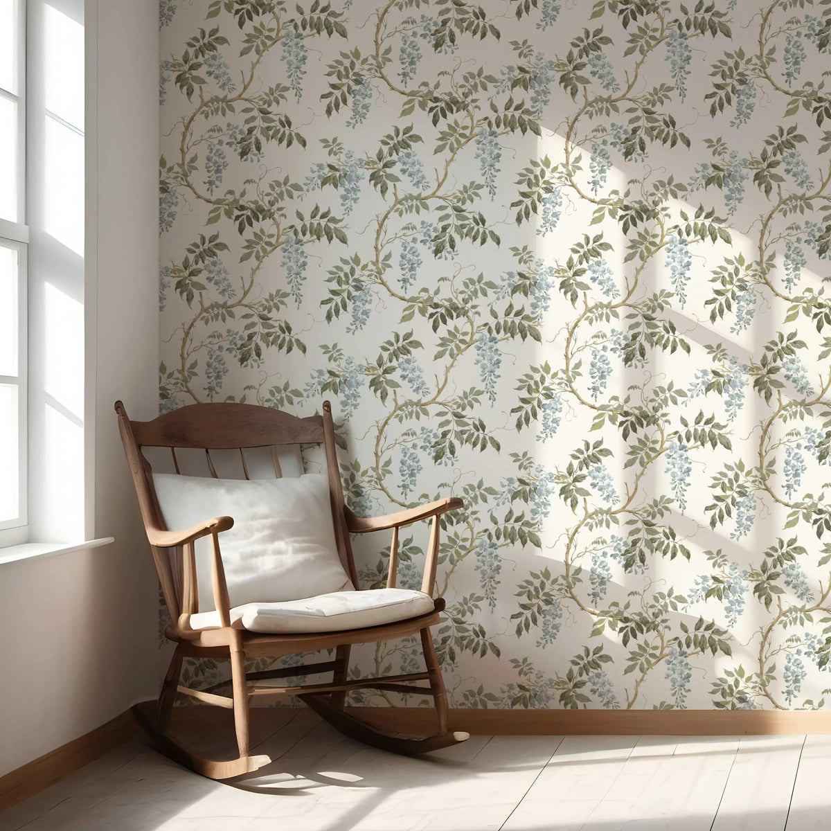 Floral Vine/ Botanical Patterned Nursery Wallpaper (Cream/ Duck Egg Blue/ Green)