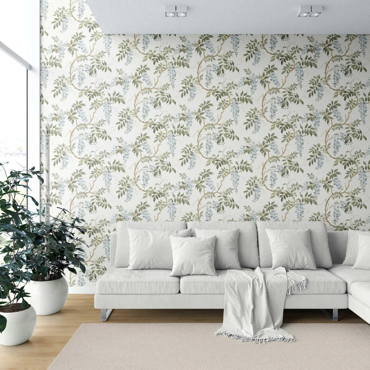 Floral Vine/ Botanical Patterned Shower Toilet Wallpaper (Cream/ Duck Egg Blue/ Green)
