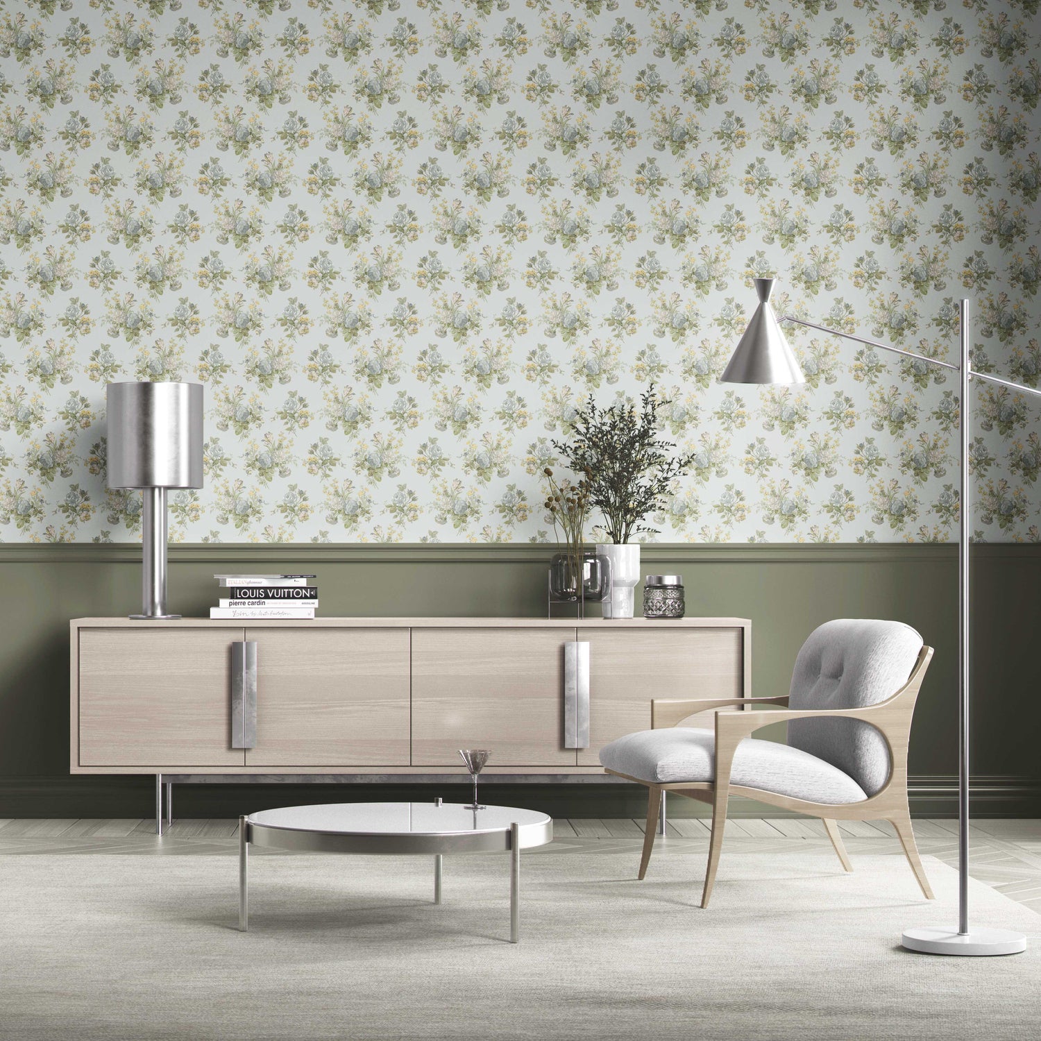 Patterned Floral Block Print Kitchen Wallpaper (Blue/ Green/ Yellow)