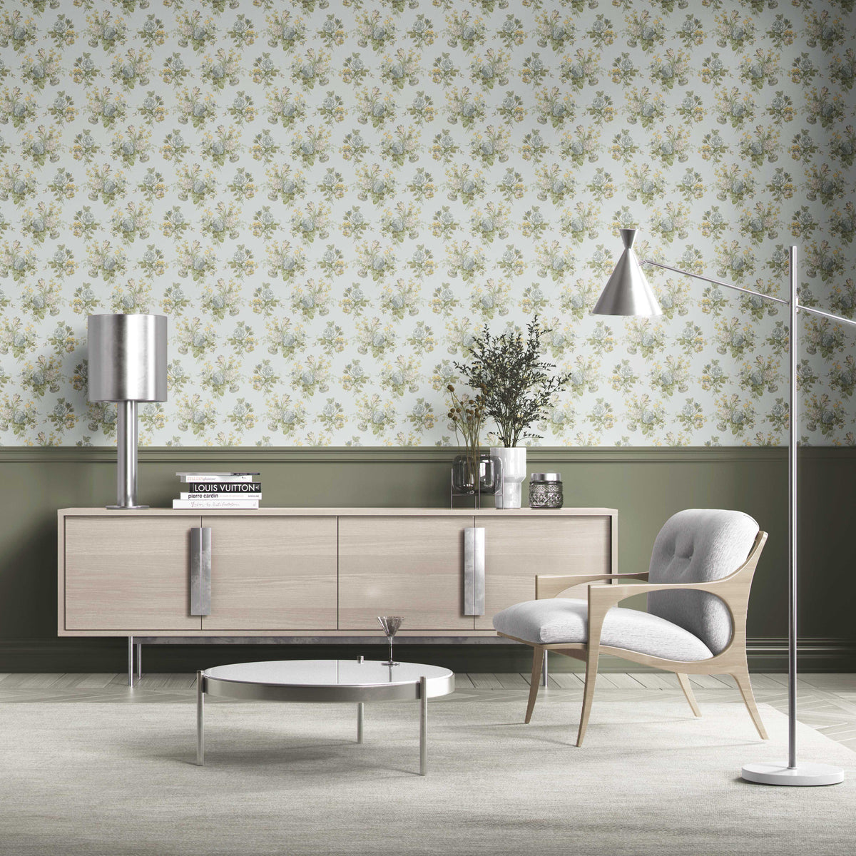 Patterned Floral Block Print Kitchen Wallpaper (Blue/ Green/ Yellow)