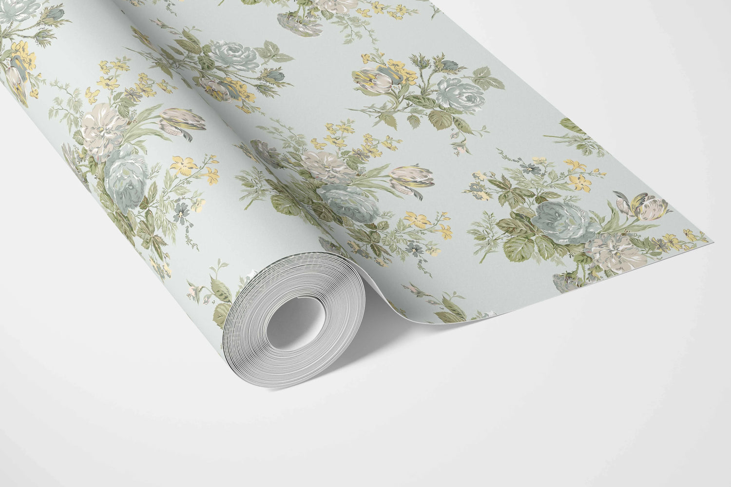Patterned Floral Block Print Bathroom Wallpaper (Blue/ Green/ Yellow)