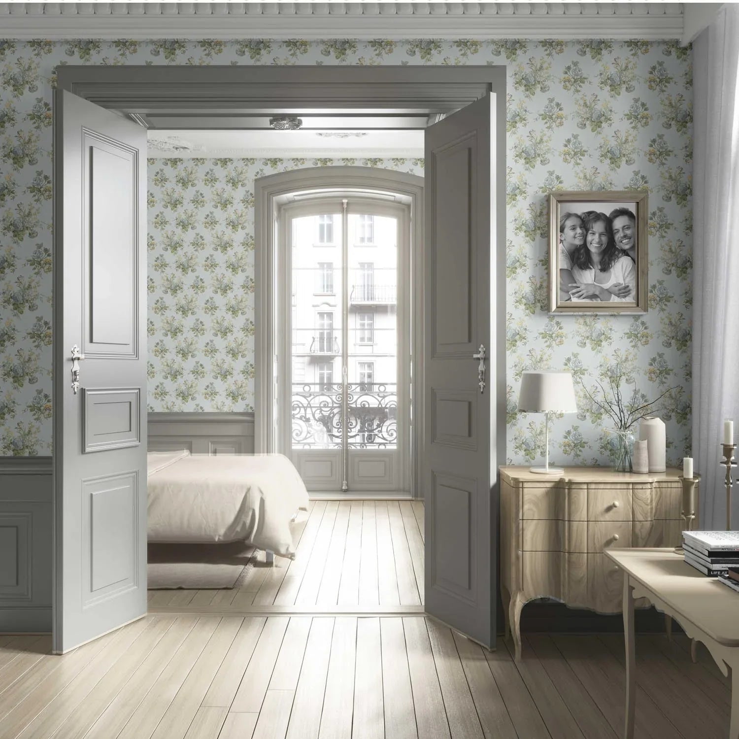 Patterned Floral Block Print Living Room Wallpaper (Blue/ Green/ Yellow)