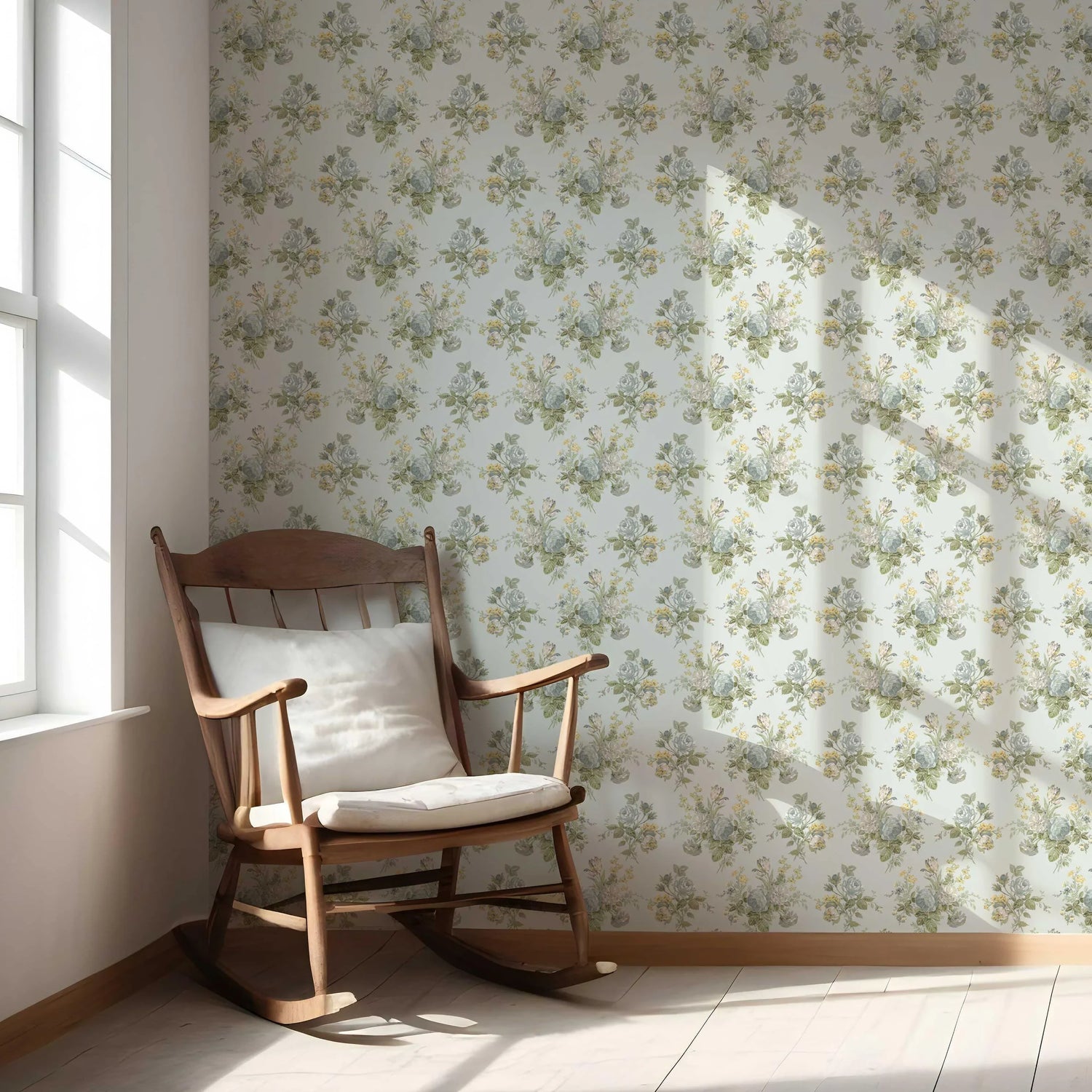 Patterned Floral Block Print Nursery Wallpaper (Blue/ Green/ Yellow)