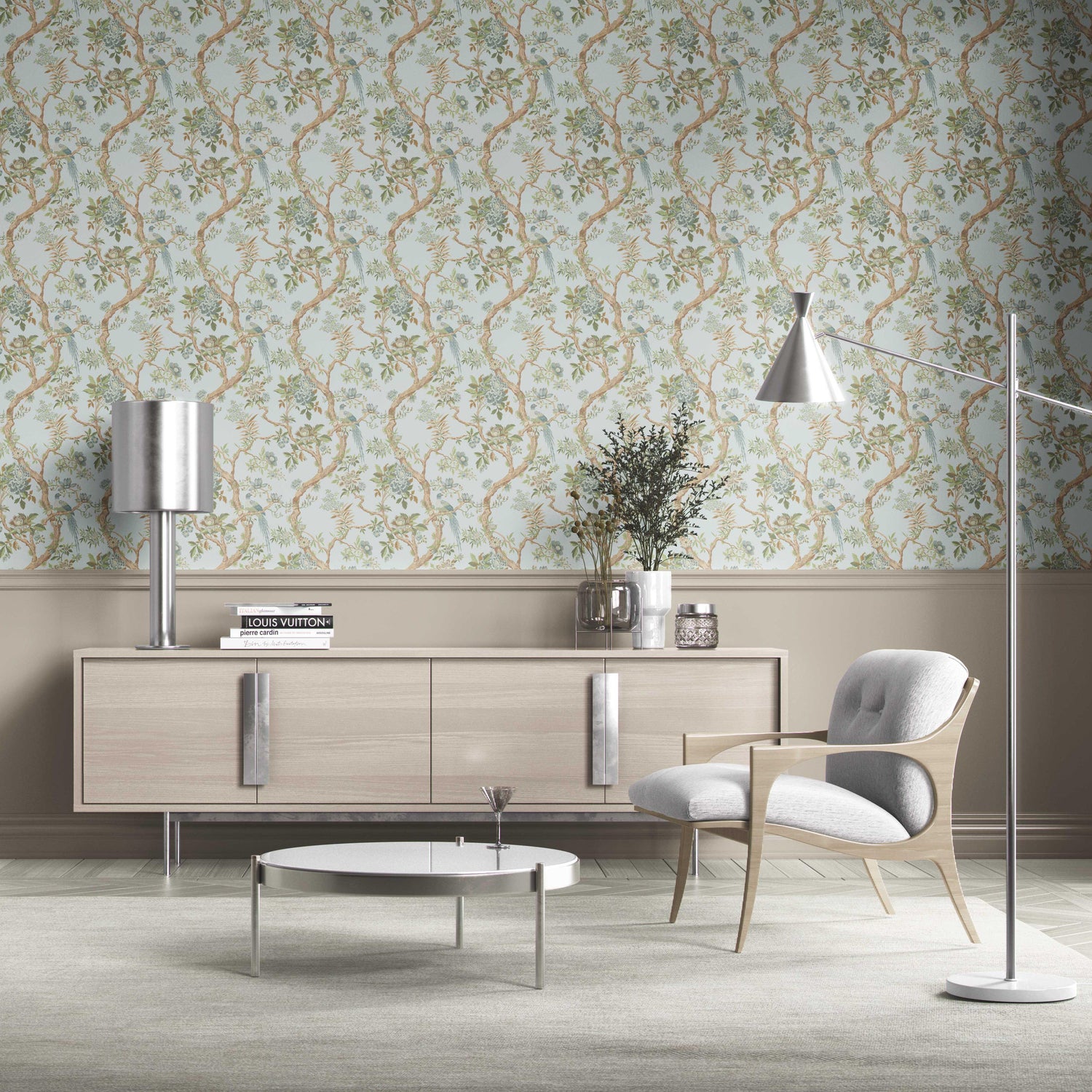 Floral/ Bird Print Chinoiserie Kitchen Wallpaper (Duck Egg Blue/ Green/ Brown)