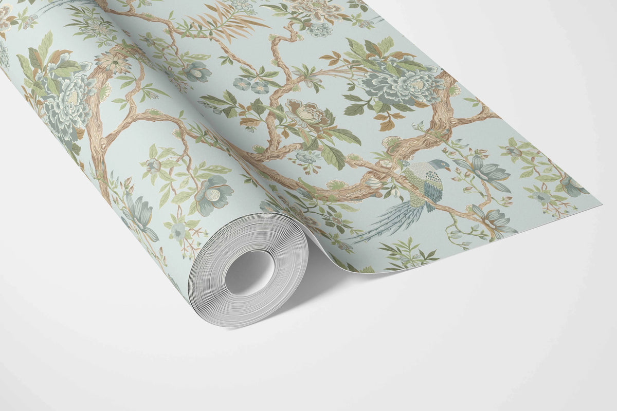 Floral/ Bird Print Chinoiserie Bathroom Wallpaper (Duck Egg Blue/ Green/ Brown)