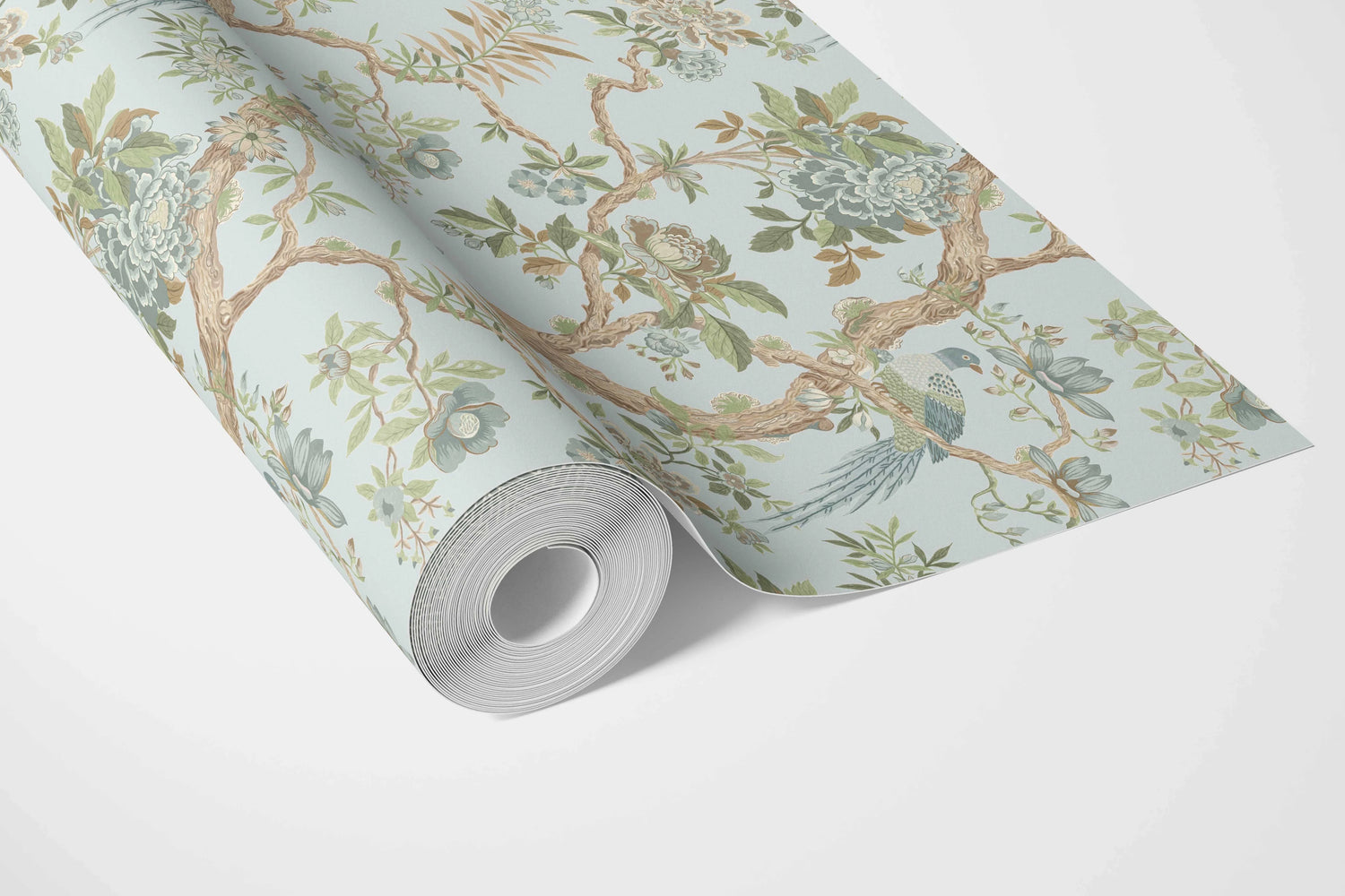Floral/ Bird Print Chinoiserie Bathroom Wallpaper (Duck Egg Blue/ Green/ Brown)