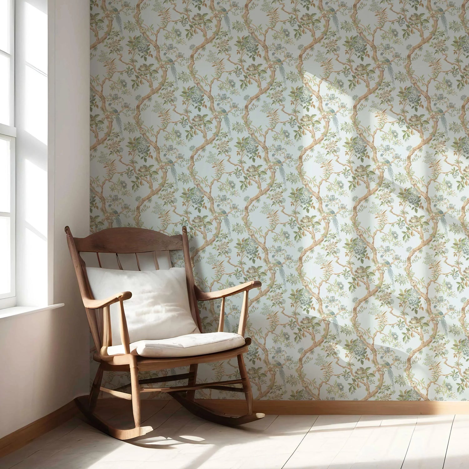Floral/ Bird Print Chinoiserie Nursery Wallpaper (Duck Egg Blue/ Green/ Brown)