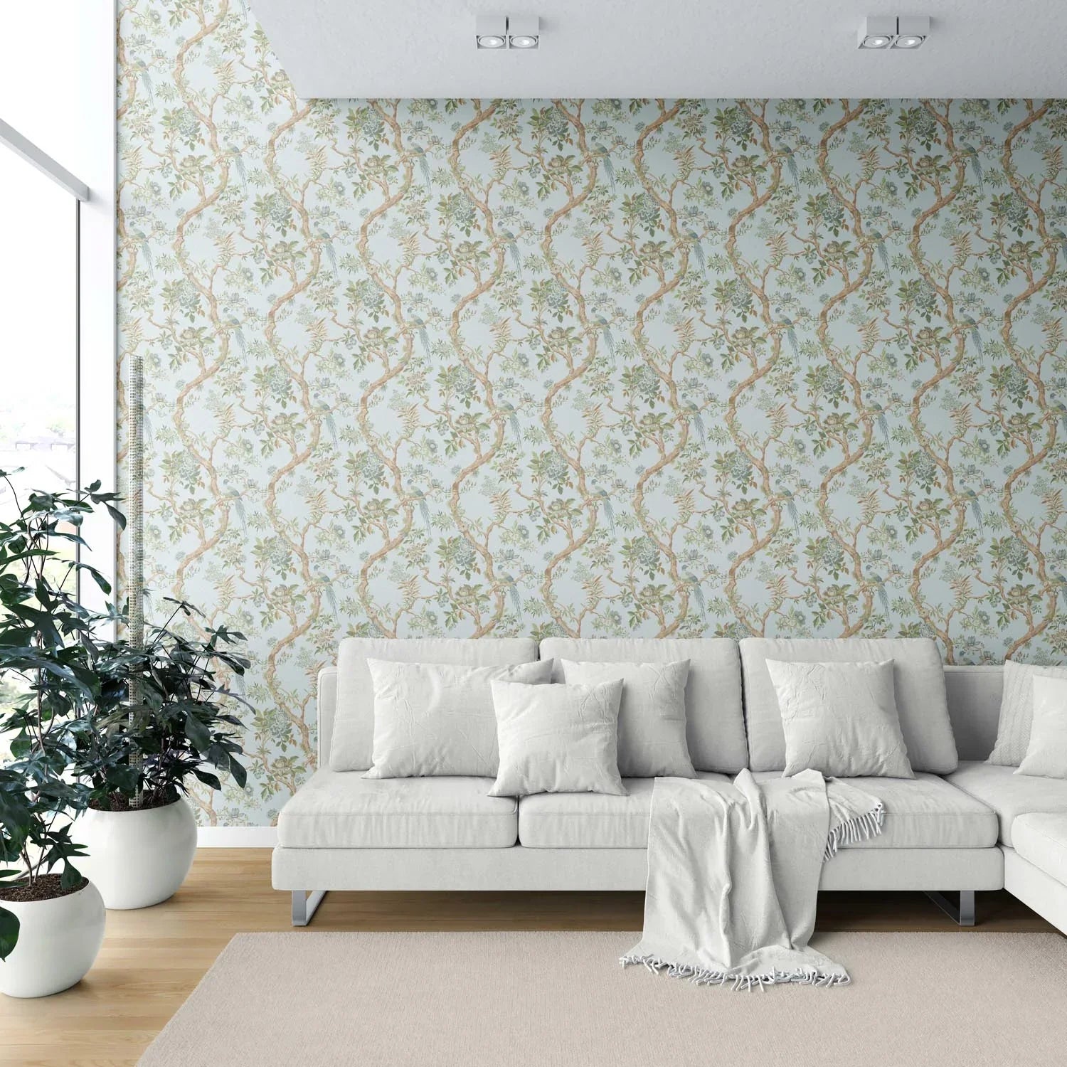 Floral/ Bird Print Chinoiserie Shower Toilet Wallpaper (Duck Egg Blue/ Green/ Brown)