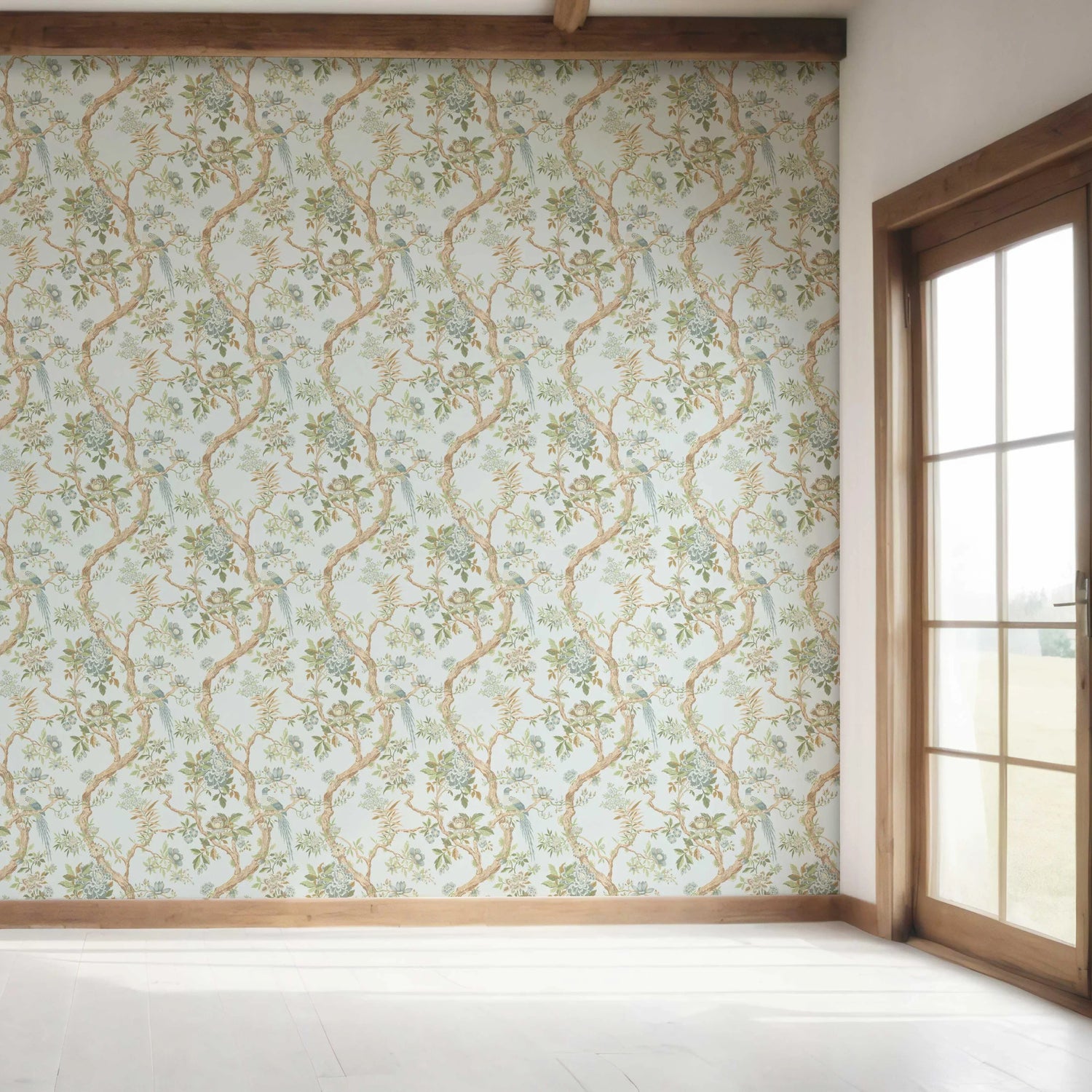 Floral/ Bird Print Chinoiserie Bedroom Wallpaper (Duck Egg Blue/ Green/ Brown)
